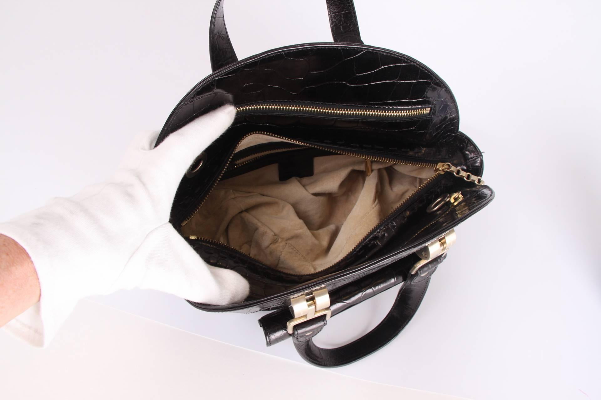 Women's Versace Croco Print Leather Top Handle Bag - black  For Sale