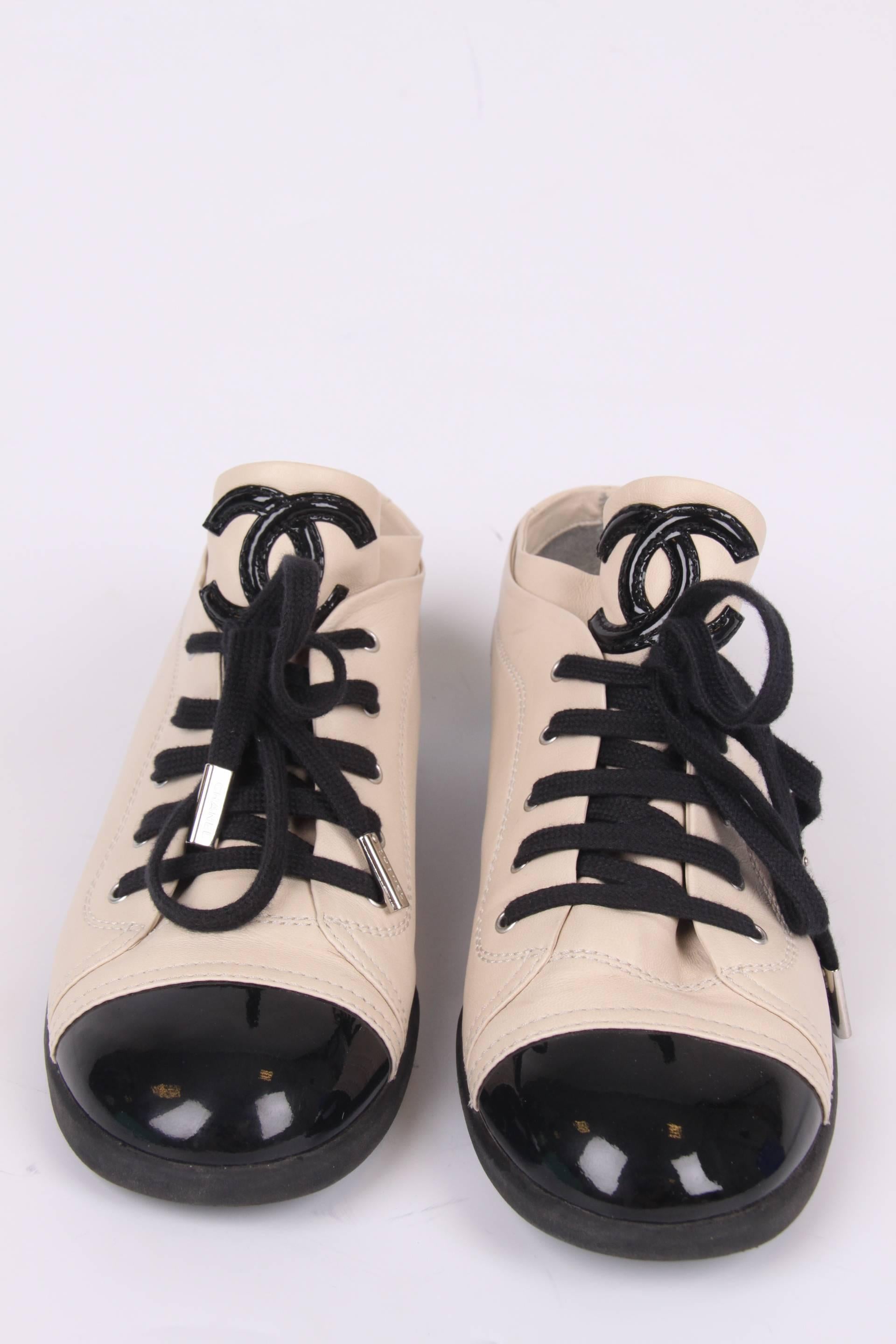 Beige Chanel Leather Sneakers - off-white & black