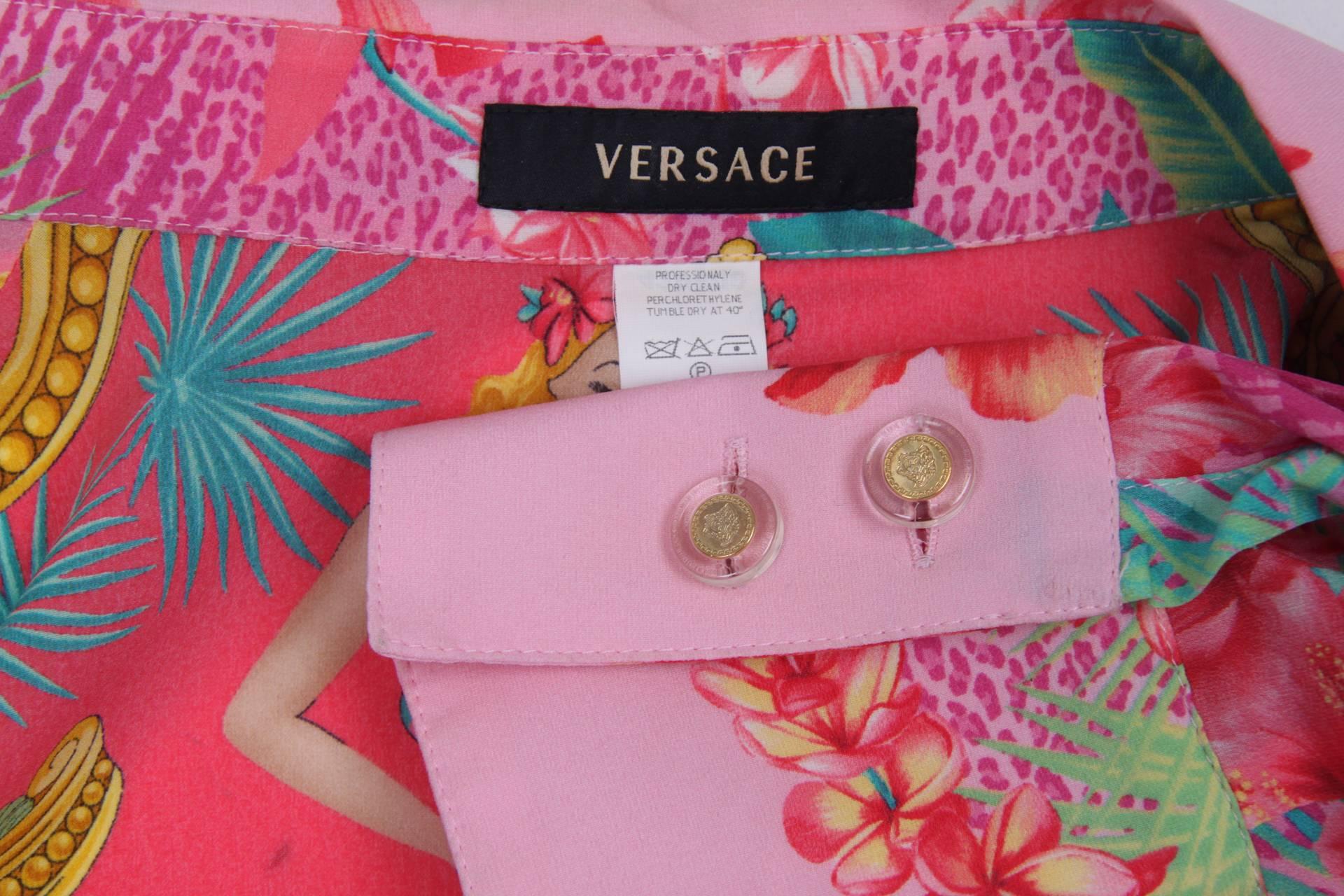 Versace Hawai Print Silk Blouse - pink/green/yellow In New Condition In Baarn, NL