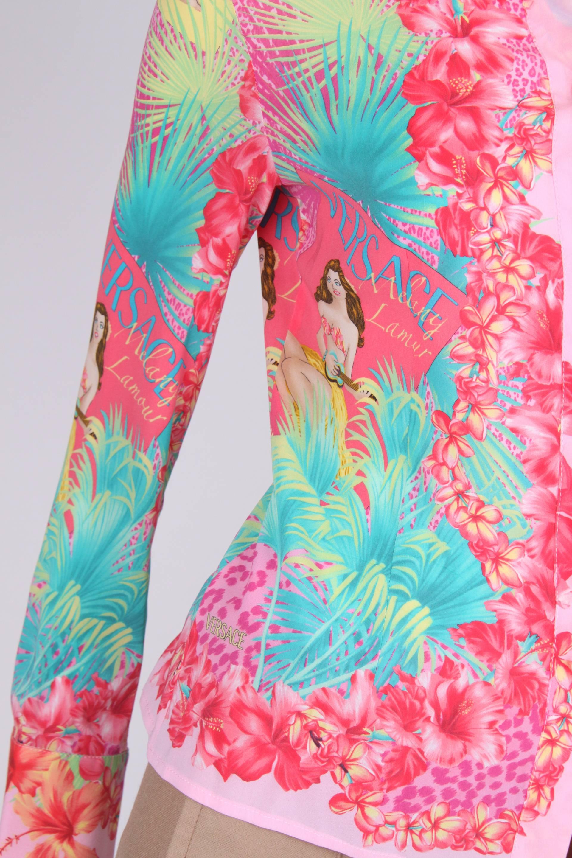 Women's Versace Hawai Print Silk Blouse - pink/green/yellow
