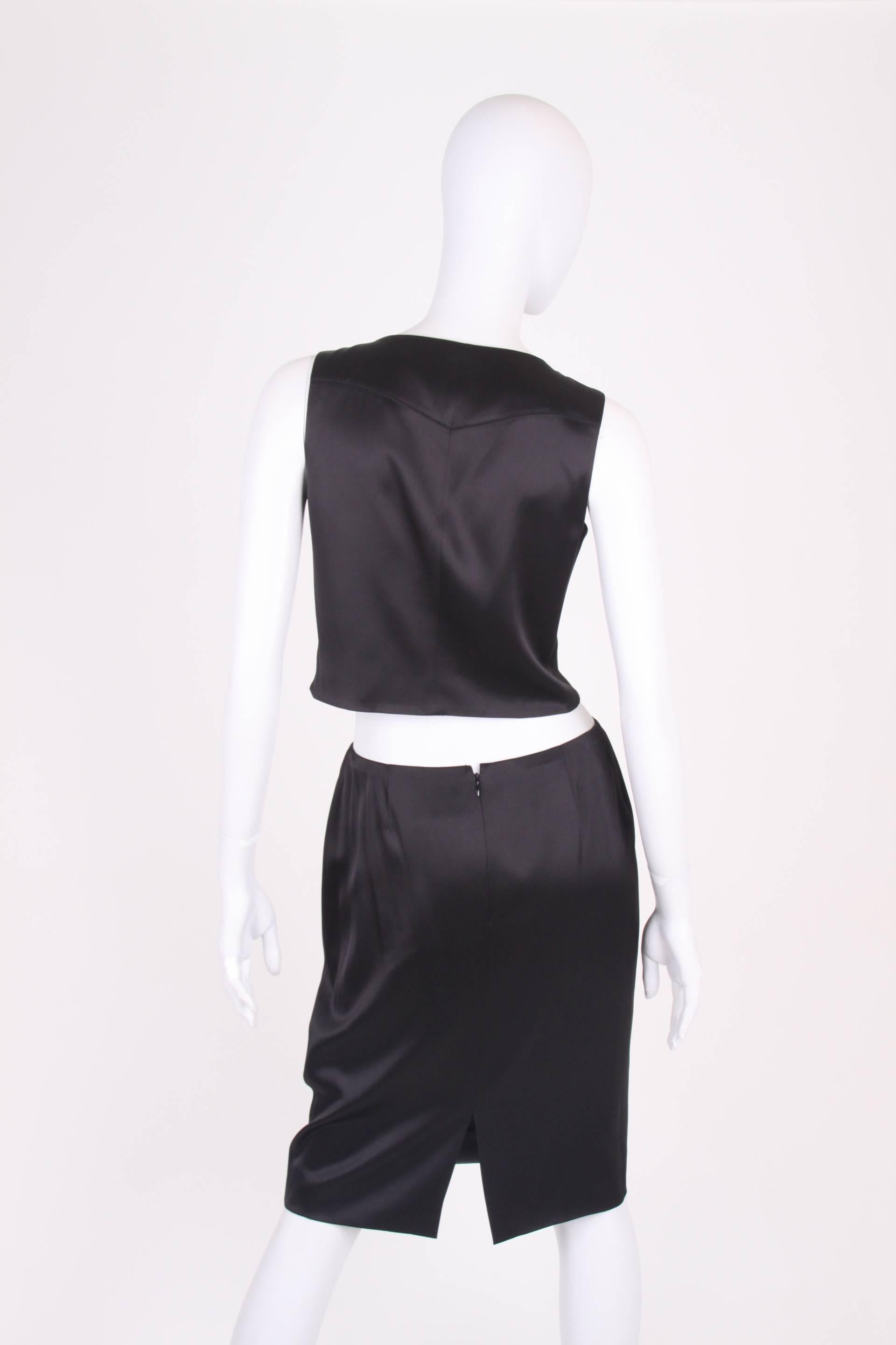 Black Chanel 2-pcs Silk Suit Top & Skirt - black For Sale