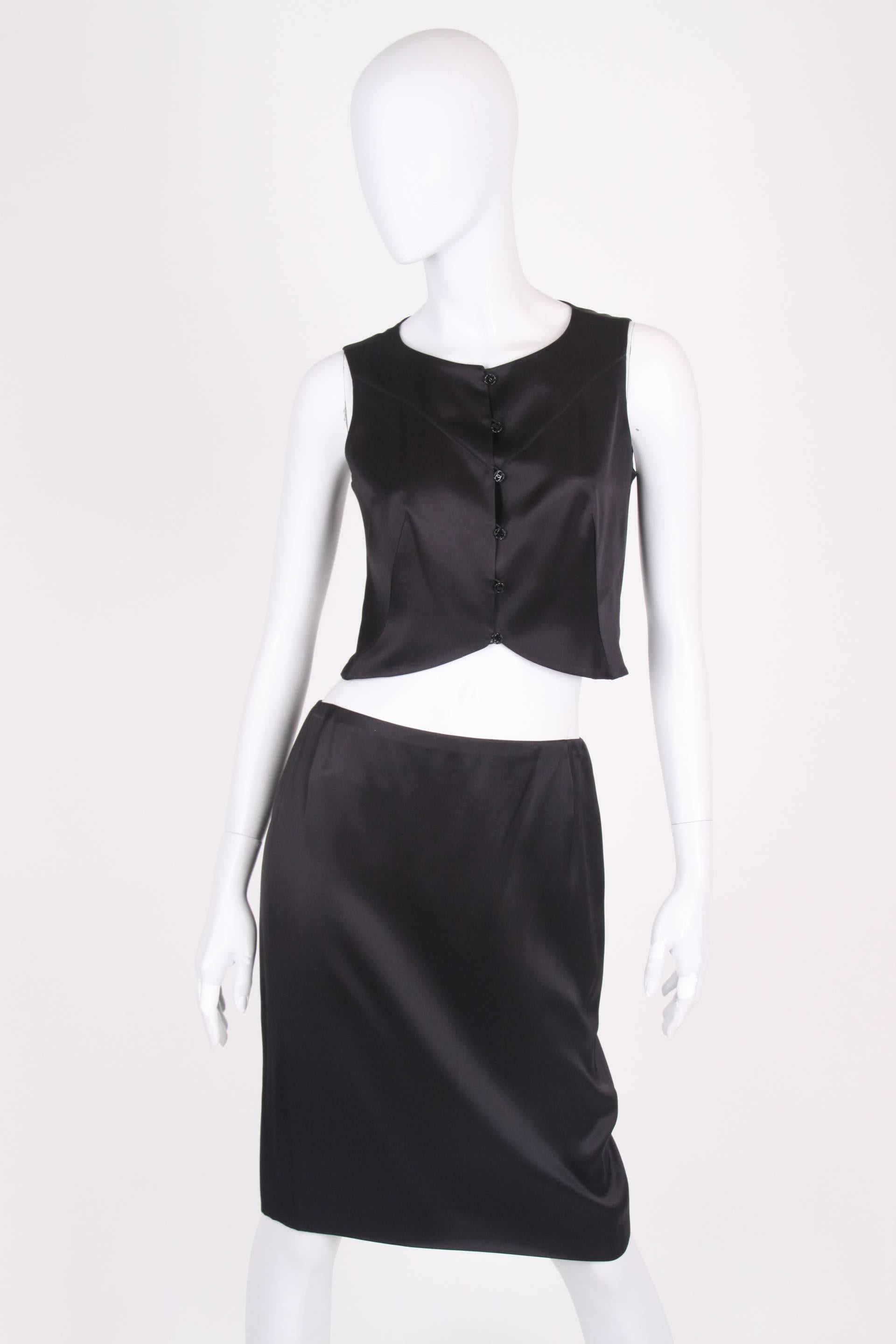 Chanel 2-pcs Silk Suit Top & Skirt - black In Excellent Condition For Sale In Baarn, NL