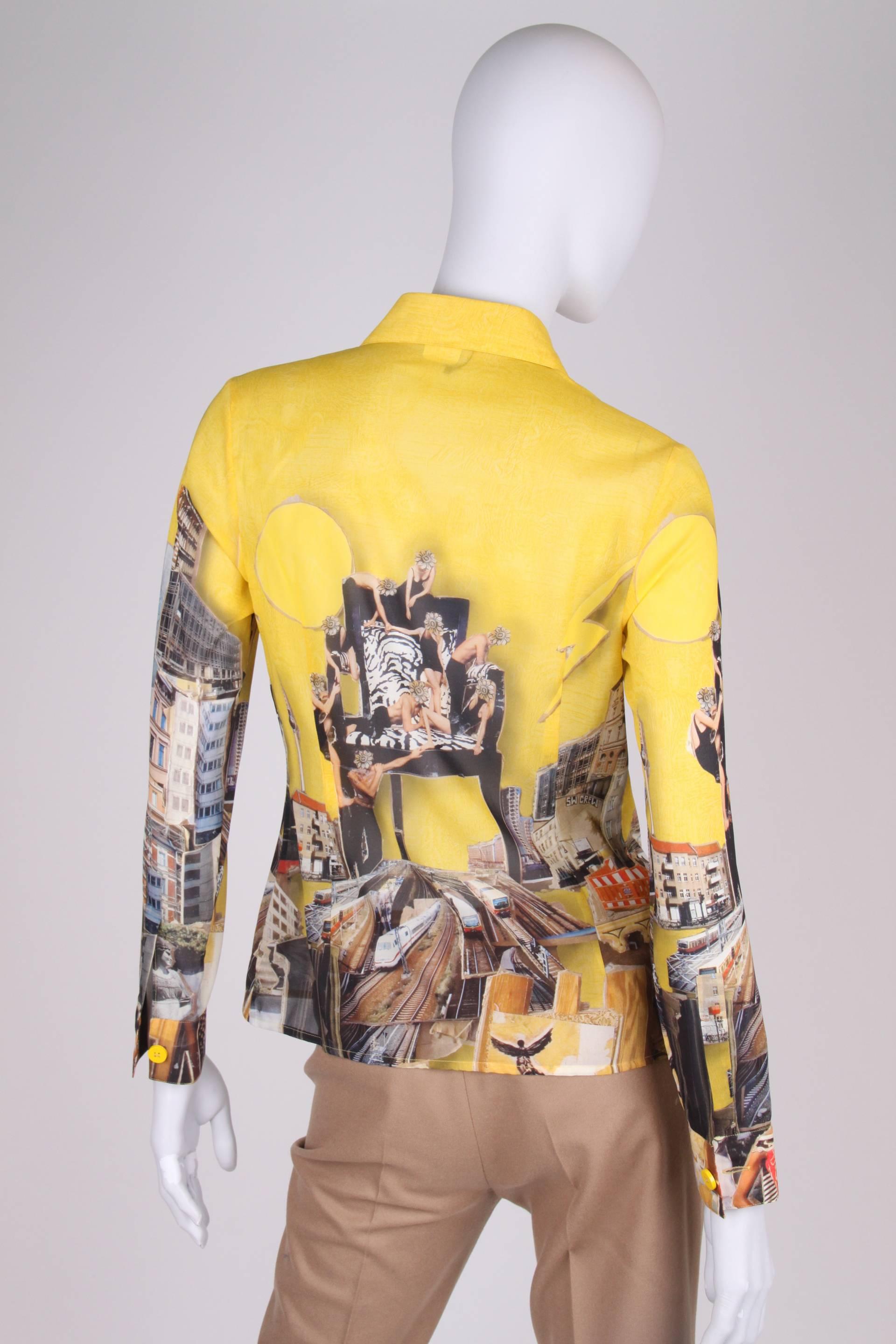 This transparent Versace blouse from the fall/winter collection of 2008 was designed by a very special couple: Donatella Versace and the Dutch artist Tim Roeloffs. Highly collectable!

The beautiful and colourful print is based on images of Berlin,