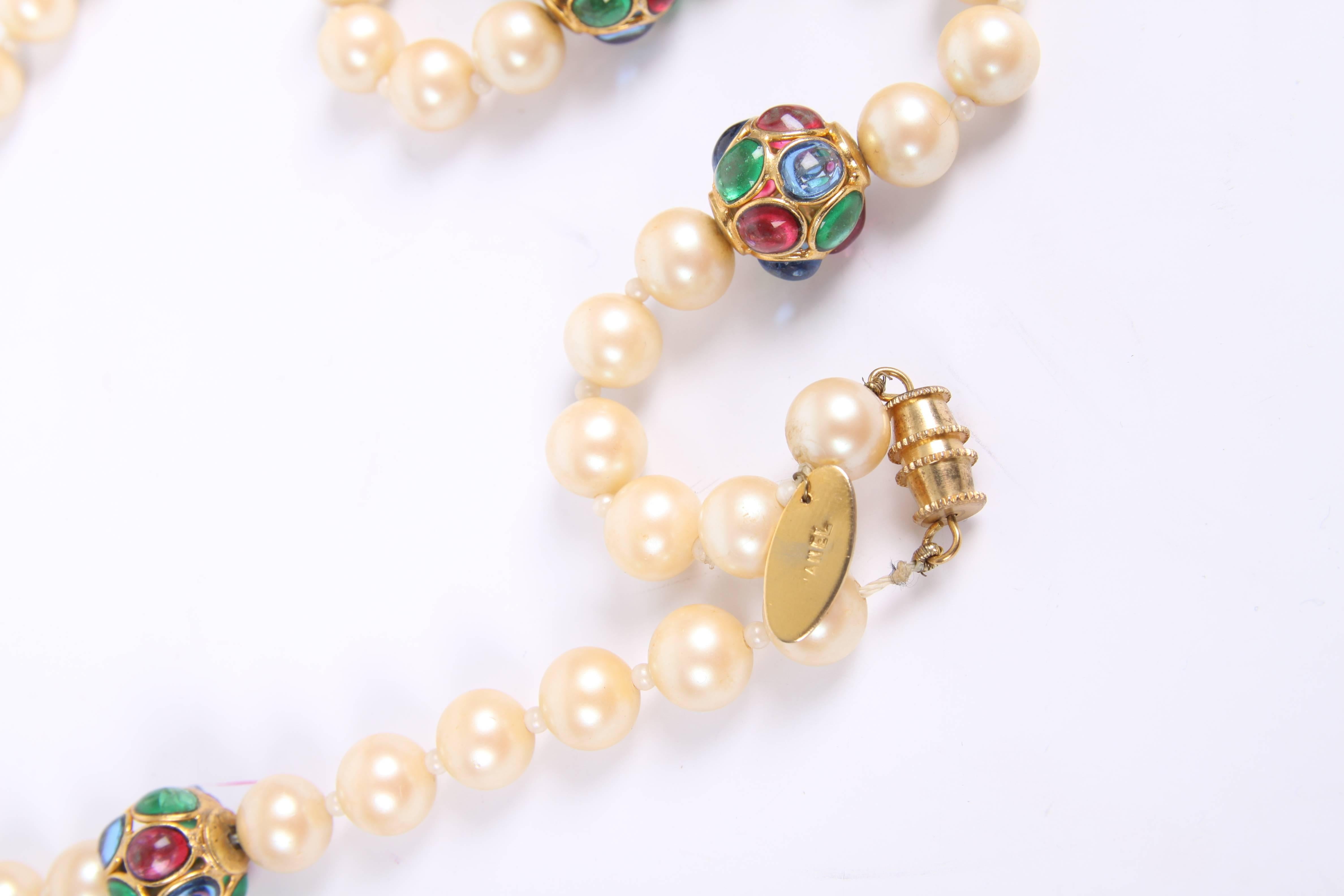 Vintage Chanel Pearl Necklace with Glass and Gold-tone Beads - white/red/blue/gr For Sale 1