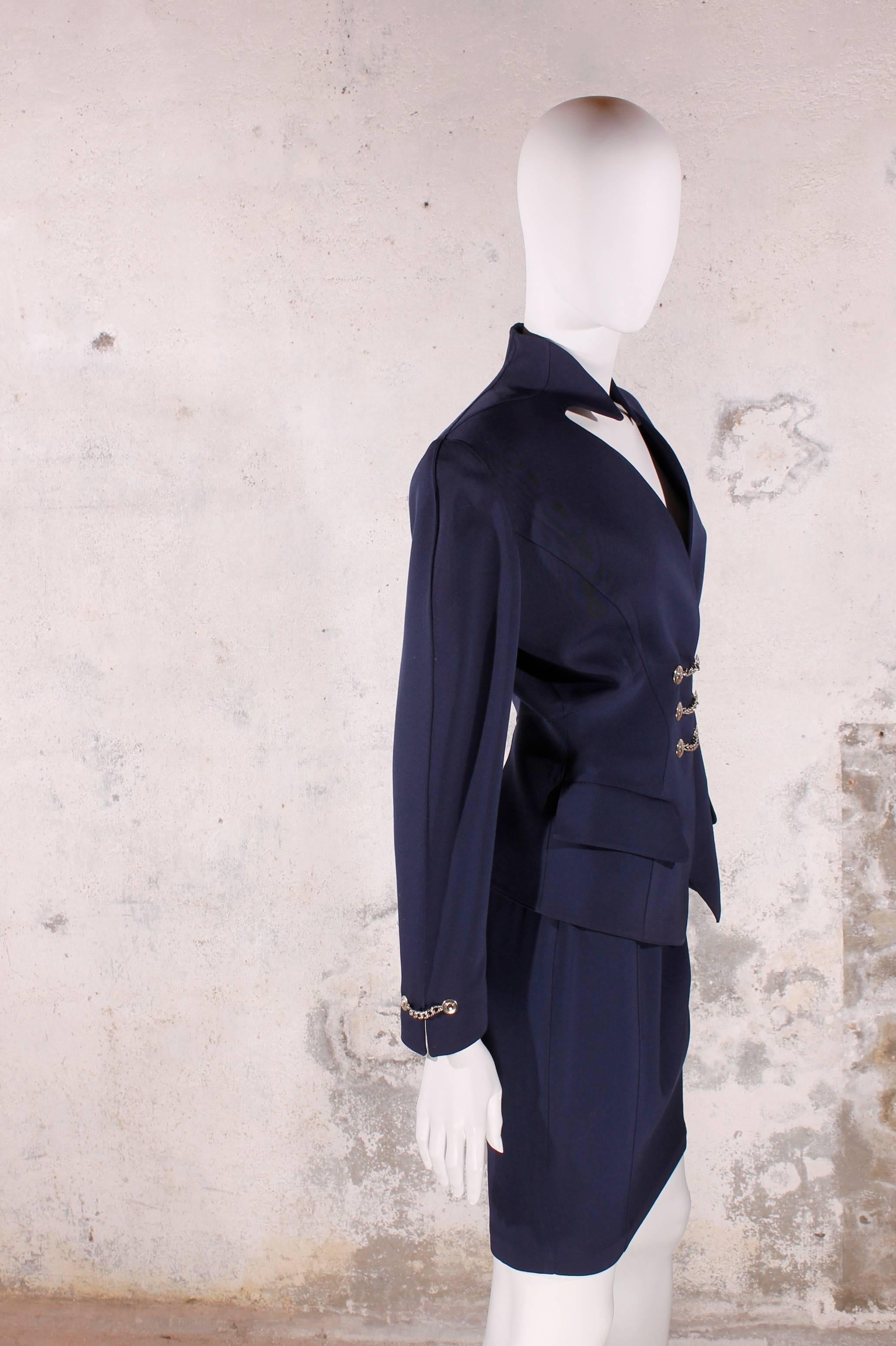 Nero Gonna da abito Thierry Mugler anni '80 - blu scuro con bottoni a catena d'argento in vendita