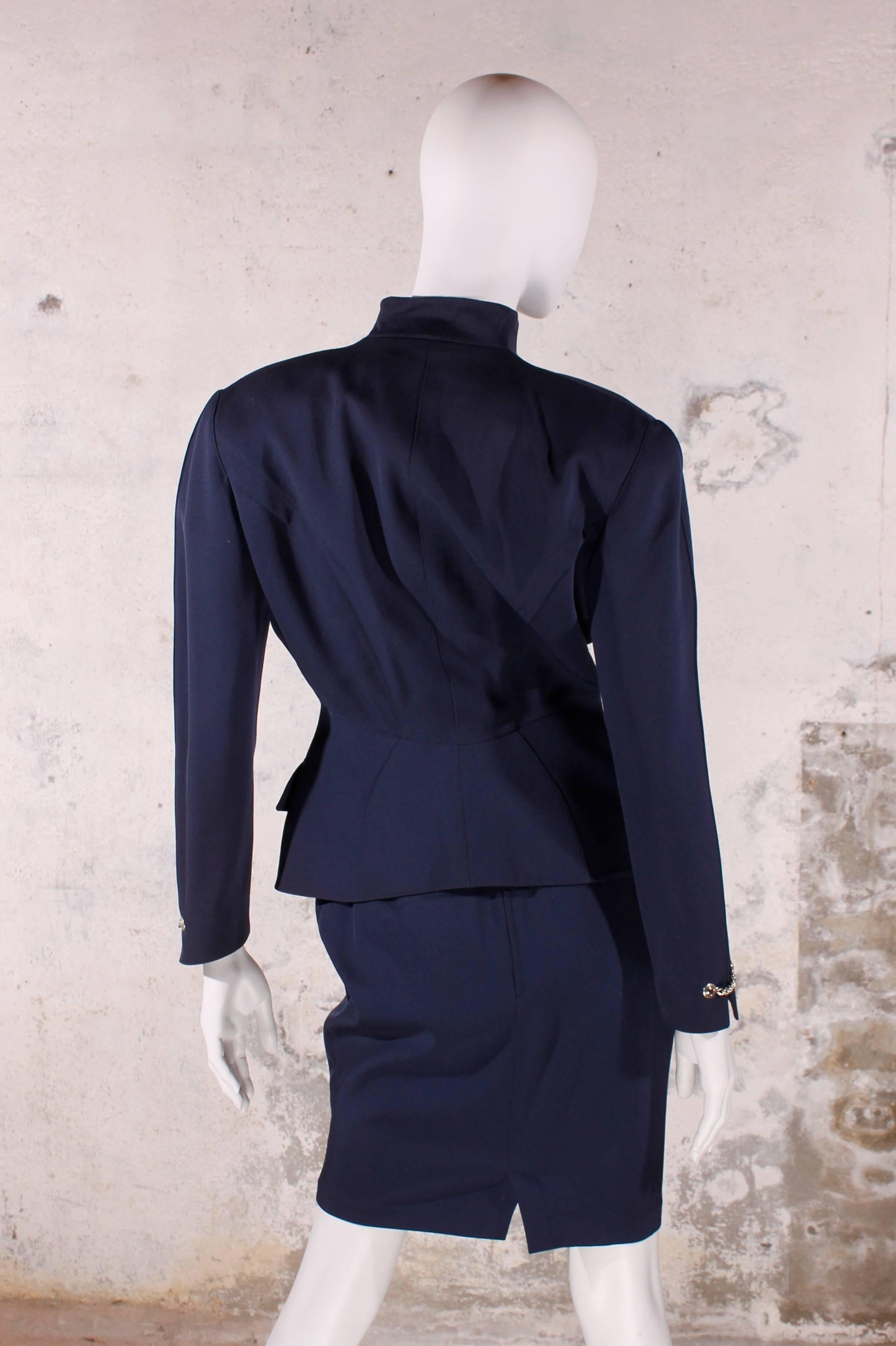 Black 1980's Thierry Mugler Suit Skirt - dark blue silver chain buttons For Sale