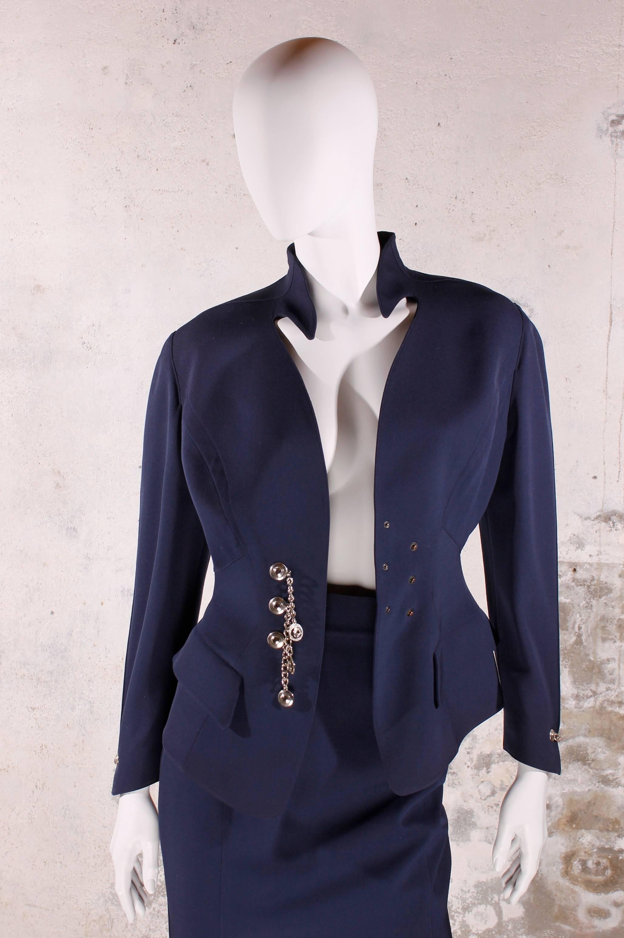 1980's Thierry Mugler Suit Skirt - dark blue silver chain buttons For Sale 2