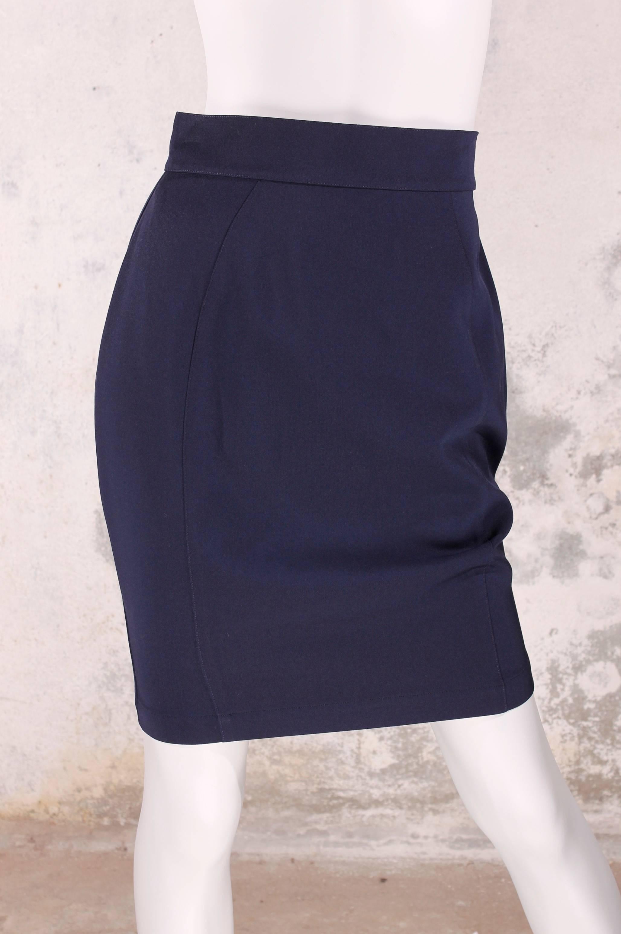 Gonna da abito Thierry Mugler anni '80 - blu scuro con bottoni a catena d'argento in vendita 1