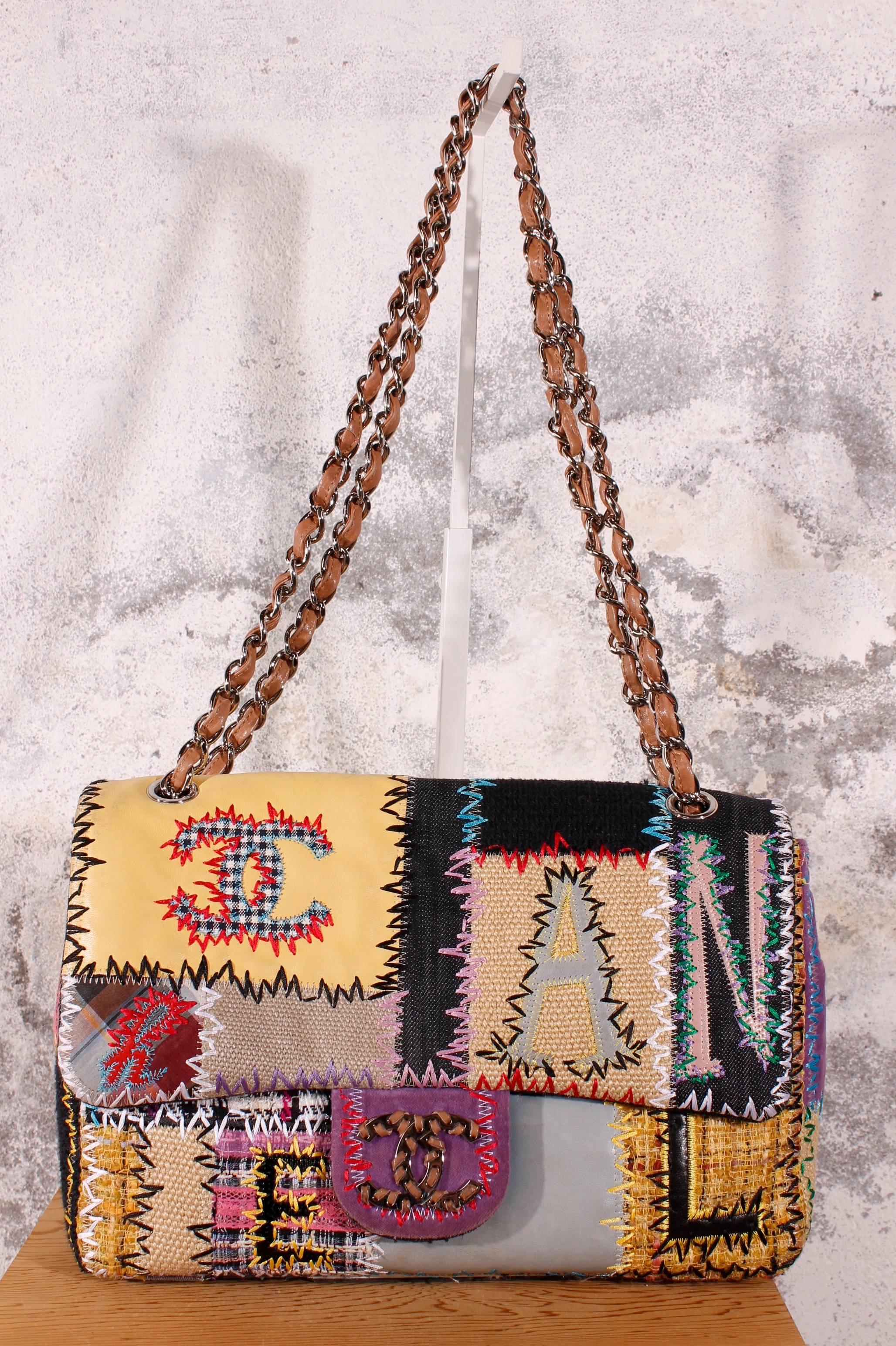 Another beauty  of Chanel! This one is extremely rare and highly collectable! A Chanel multi-colored patch work Jumbo Classic from the 2011 Chanel Cruise Collection. This patchwork classic is listed as rare item in many magazines and fashion blogs.