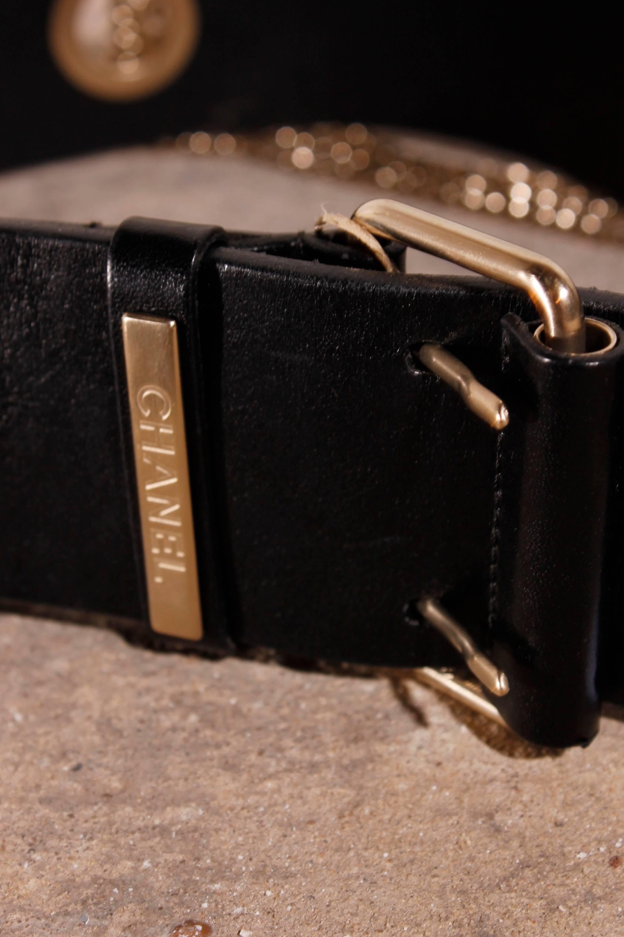 Black Chanel Leather Belt with Silver Chains CC-logo