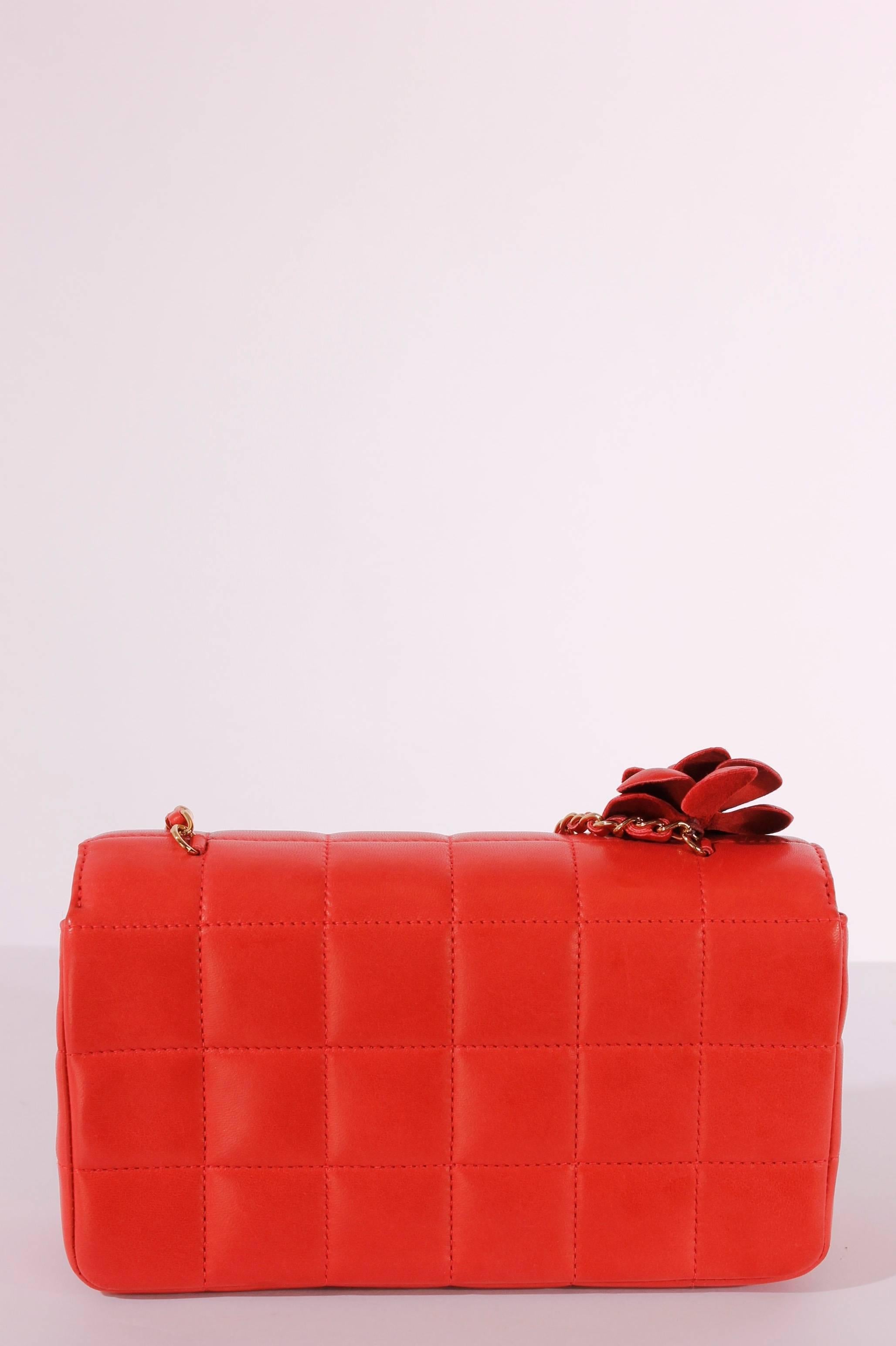 Red 2005 Chanel Square Quilt Camellia Mini Flap Bag - coral/gold
