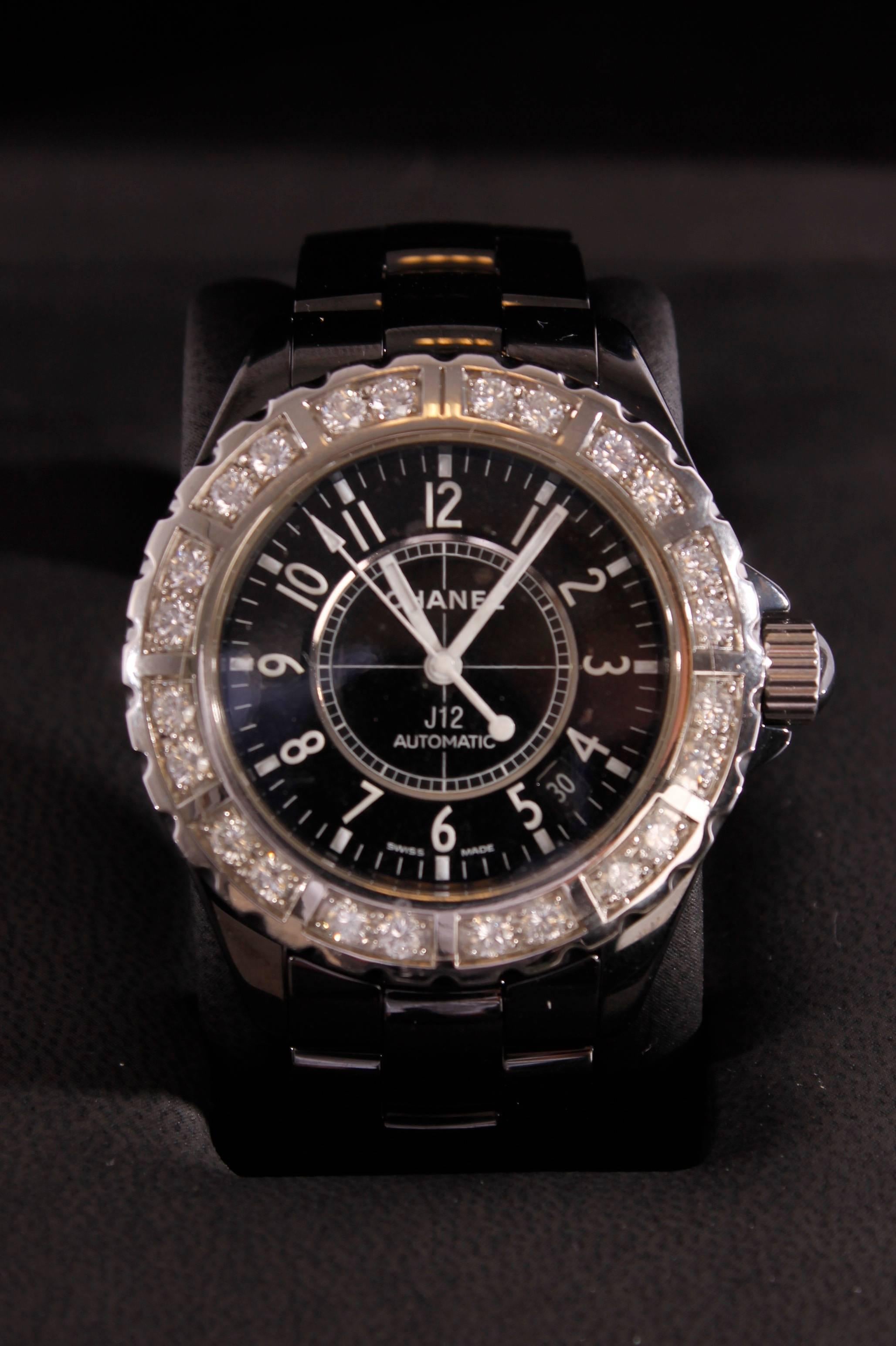 2004 Chanel Watch J12 Black Ceramic/White Diamonds - H1174 38mm 2