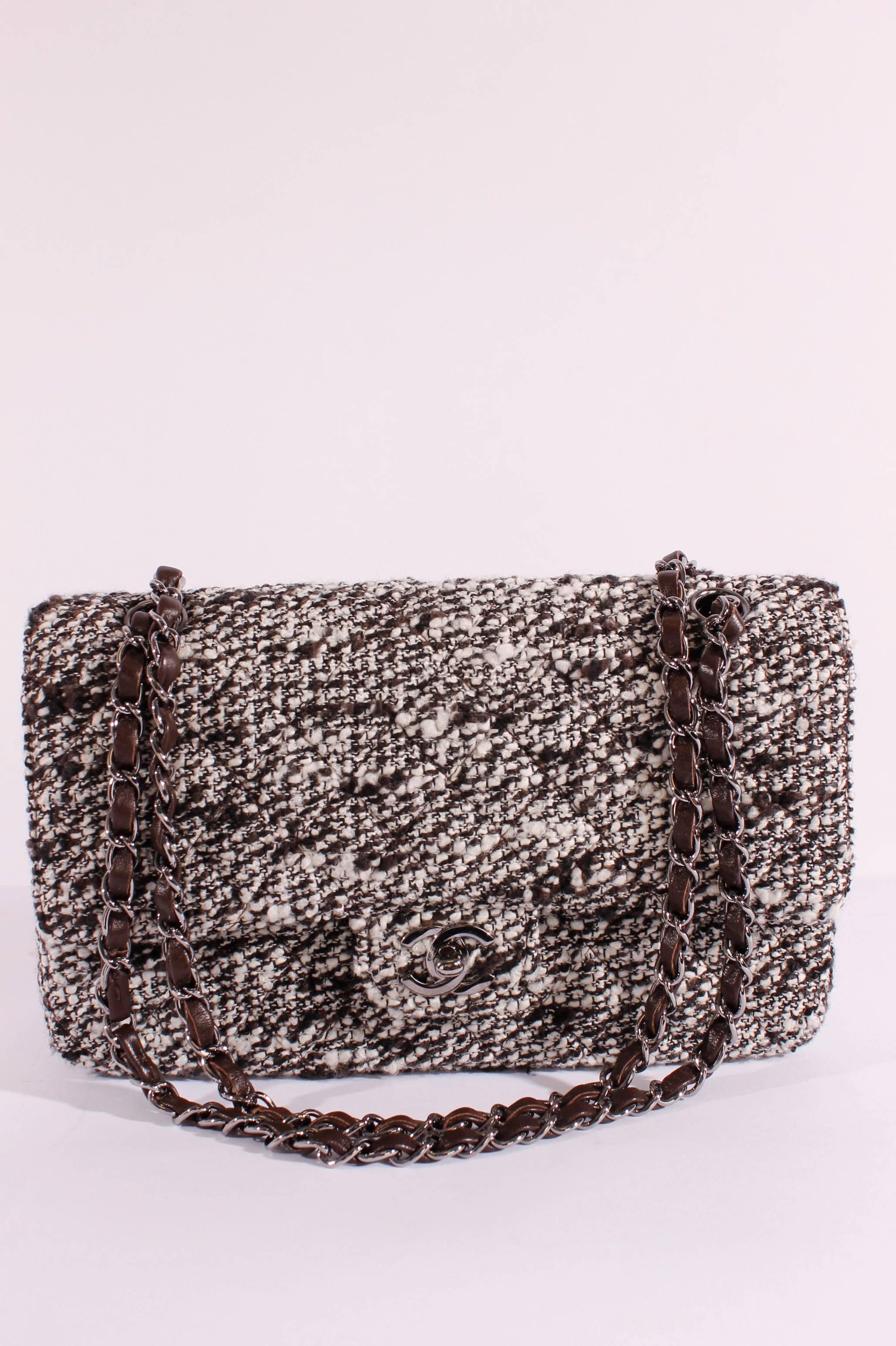 Women's Chanel 2.55 Medium Classic Double Flap Bag - tweed brown/white/silve