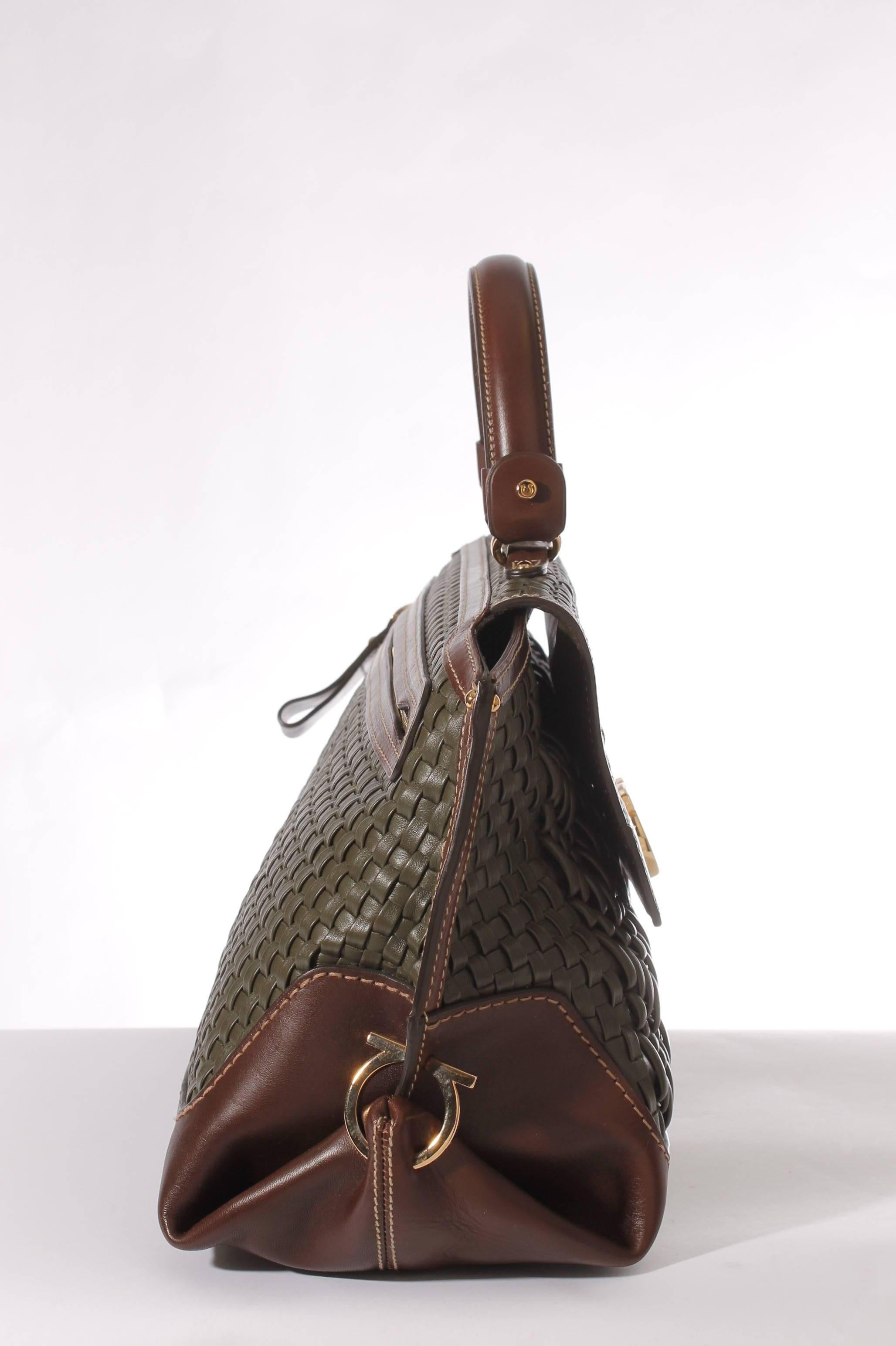Salvatore Ferragamo Sofia Large Tote Bag - army green woven leather 1