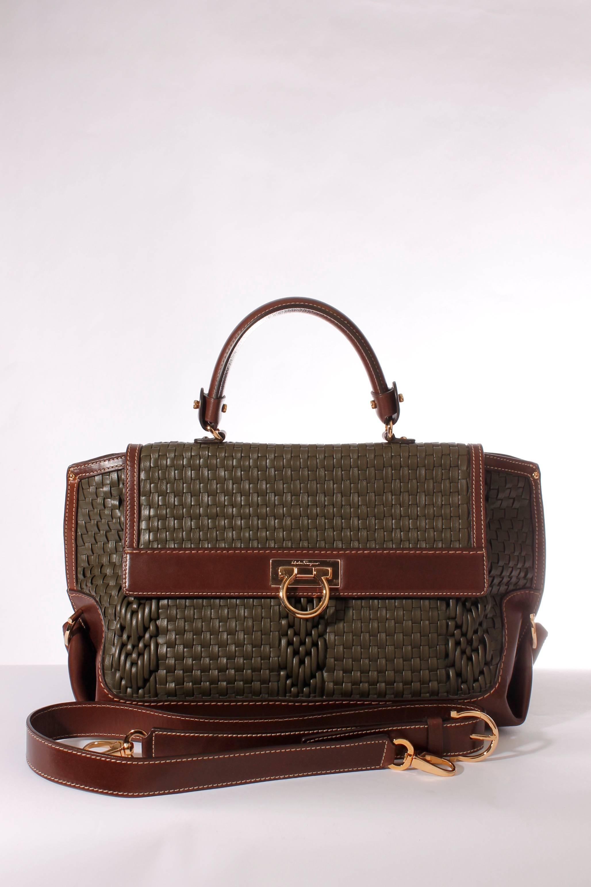 Women's or Men's Salvatore Ferragamo Sofia Large Tote Bag - army green woven leather