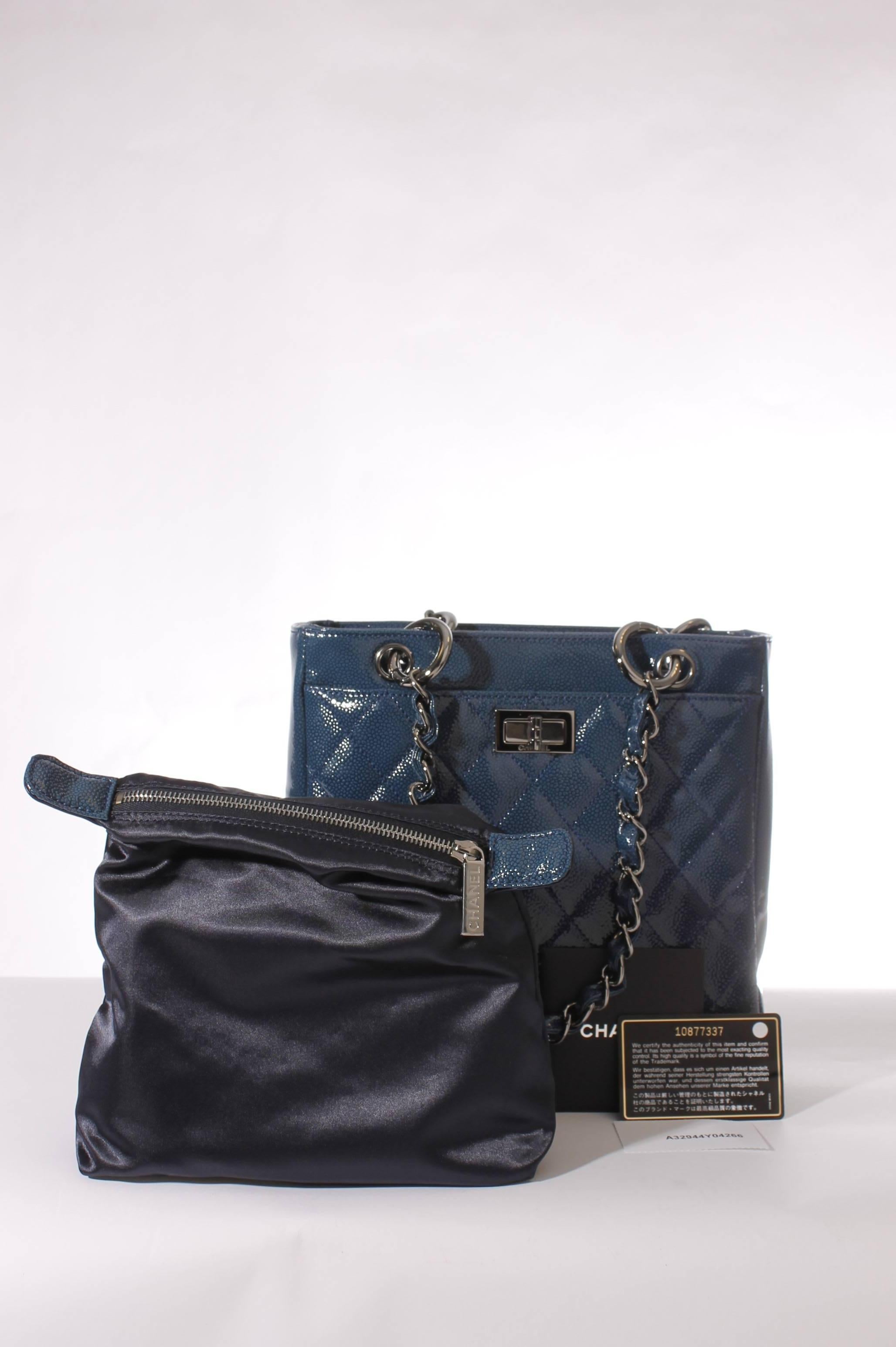 Women's Chanel Mini Shopper Tote Bag - blue patent caviar leather