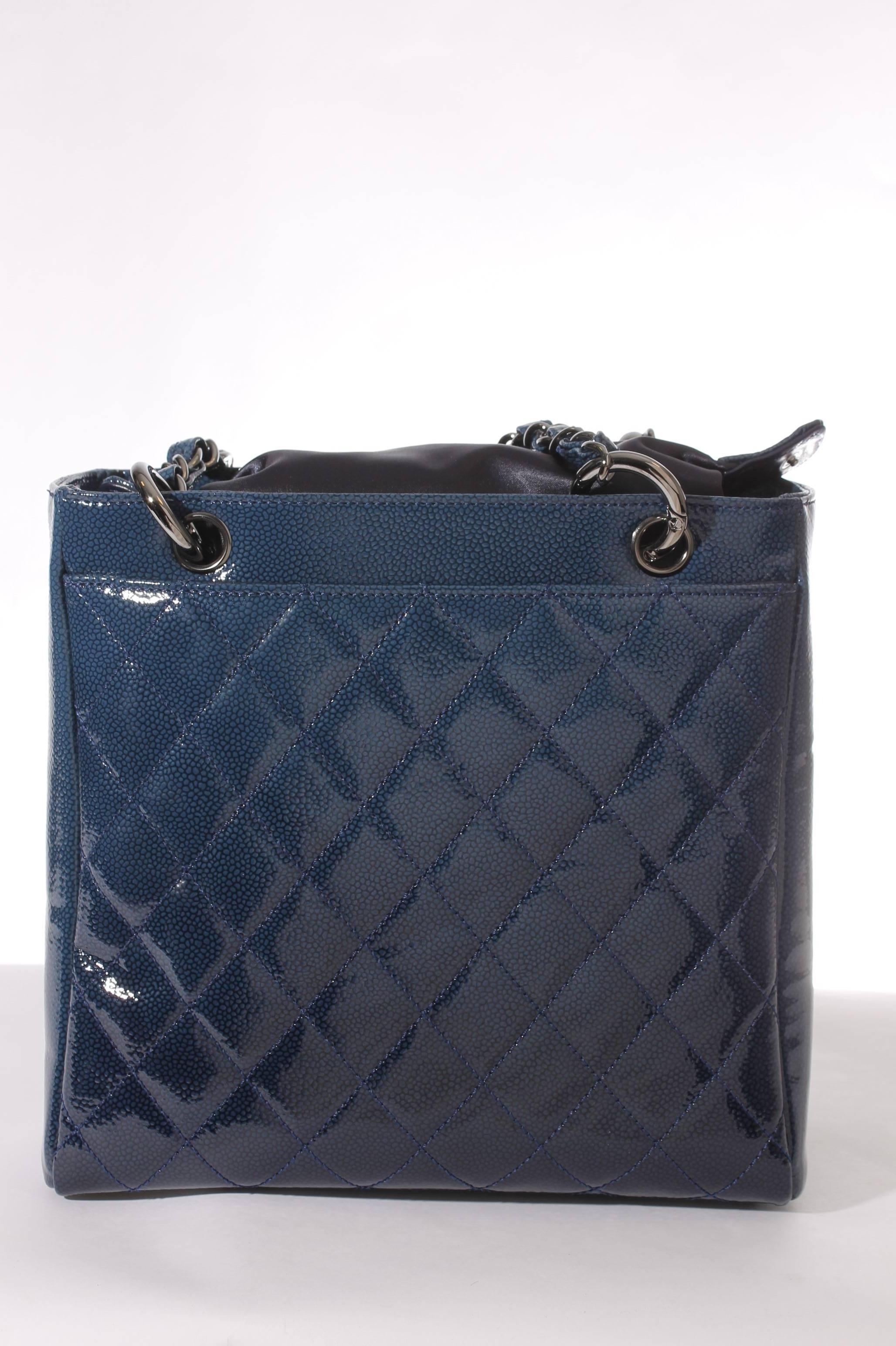 Black Chanel Mini Shopper Tote Bag - blue patent caviar leather