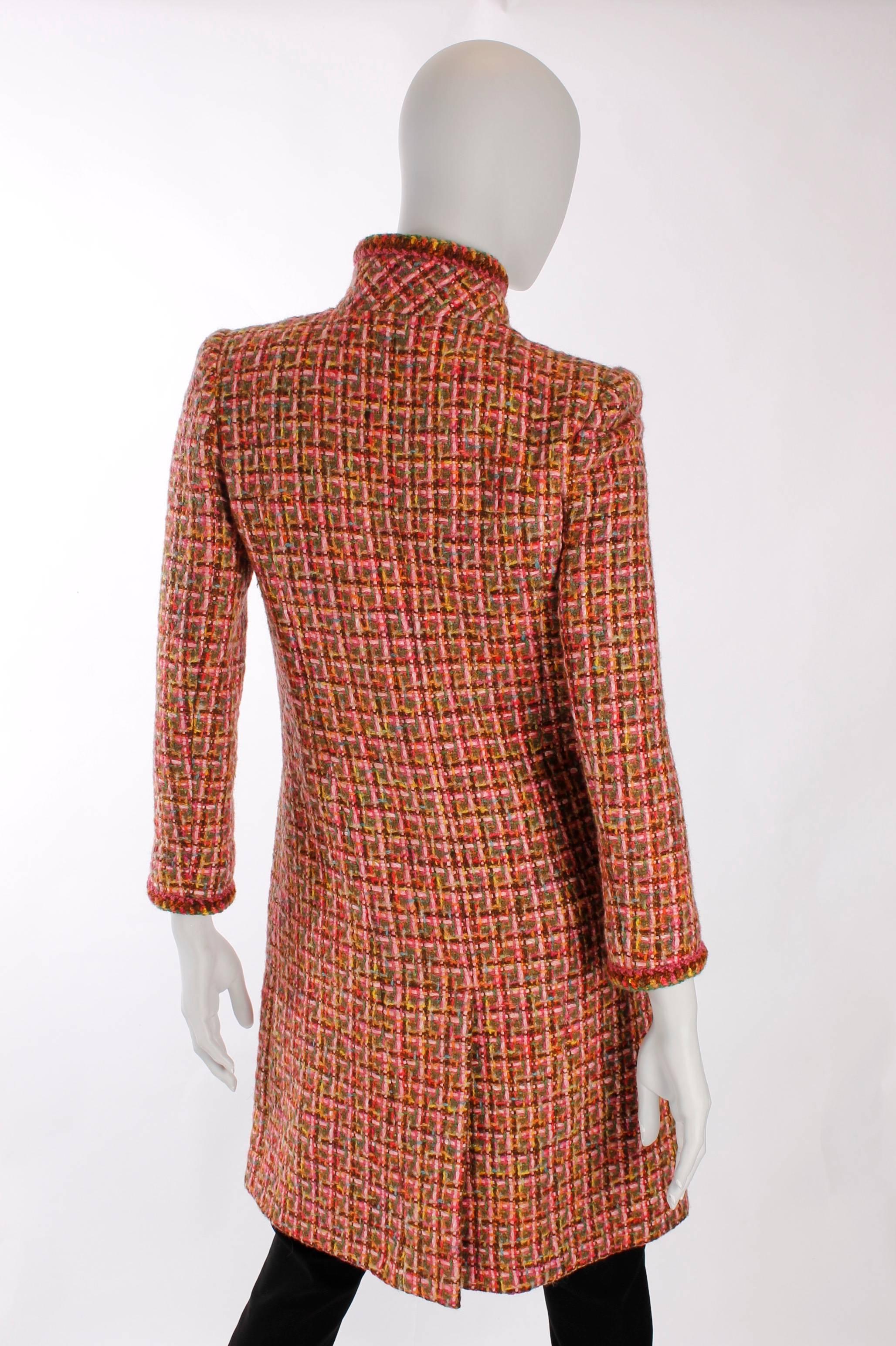 2001 Chanel Coat Bouclé, hat and leather pants - pink/green For Sale 1