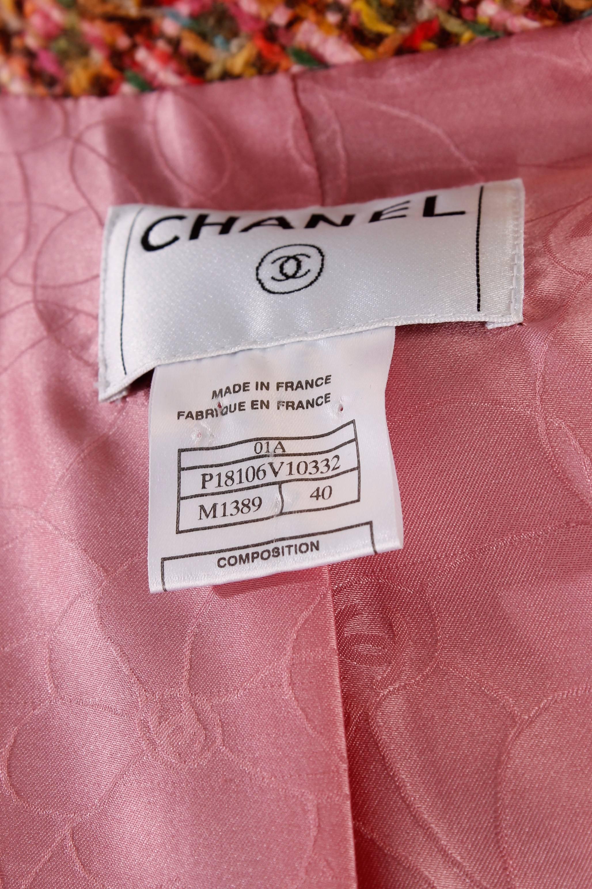 2001 Chanel Coat Bouclé, hat and leather pants - pink/green For Sale 4
