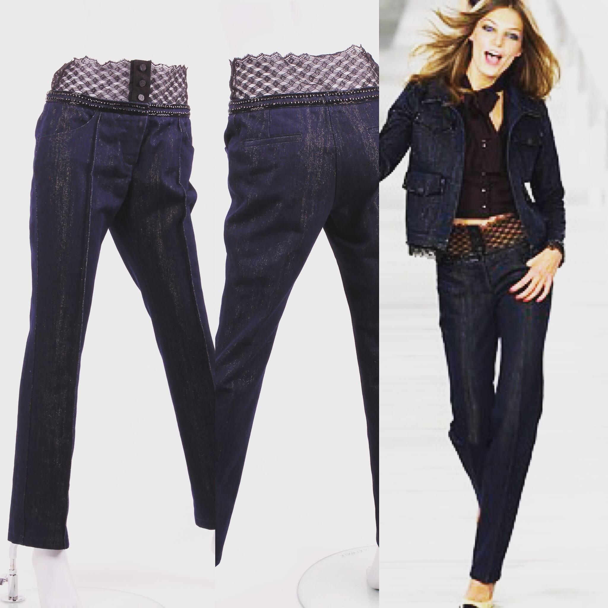 Black Chanel Jeans Denim Pants - blue/gold & black lace For Sale