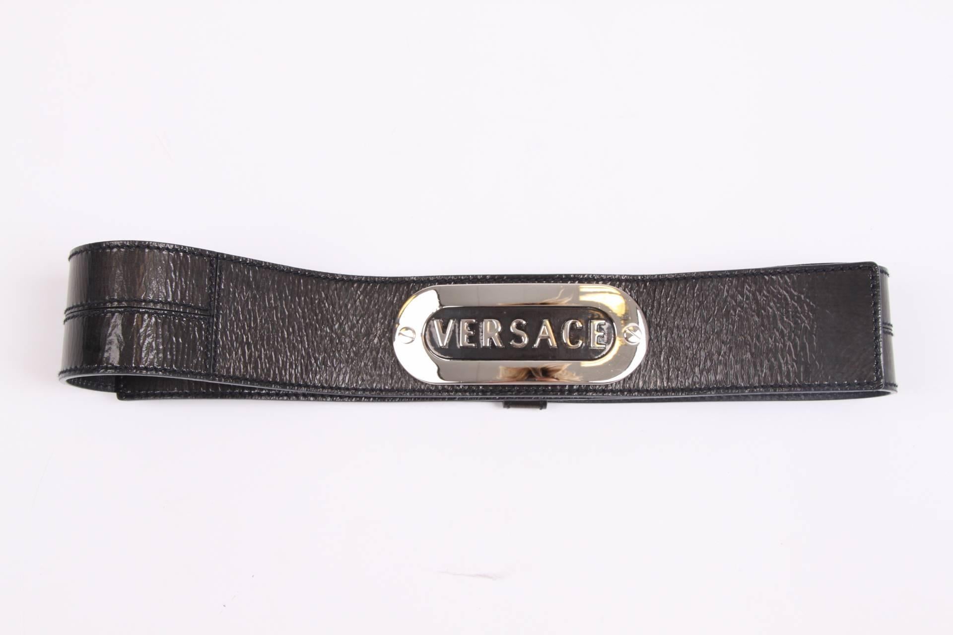 Black Versace Crinkled Patent Leather Belt - black