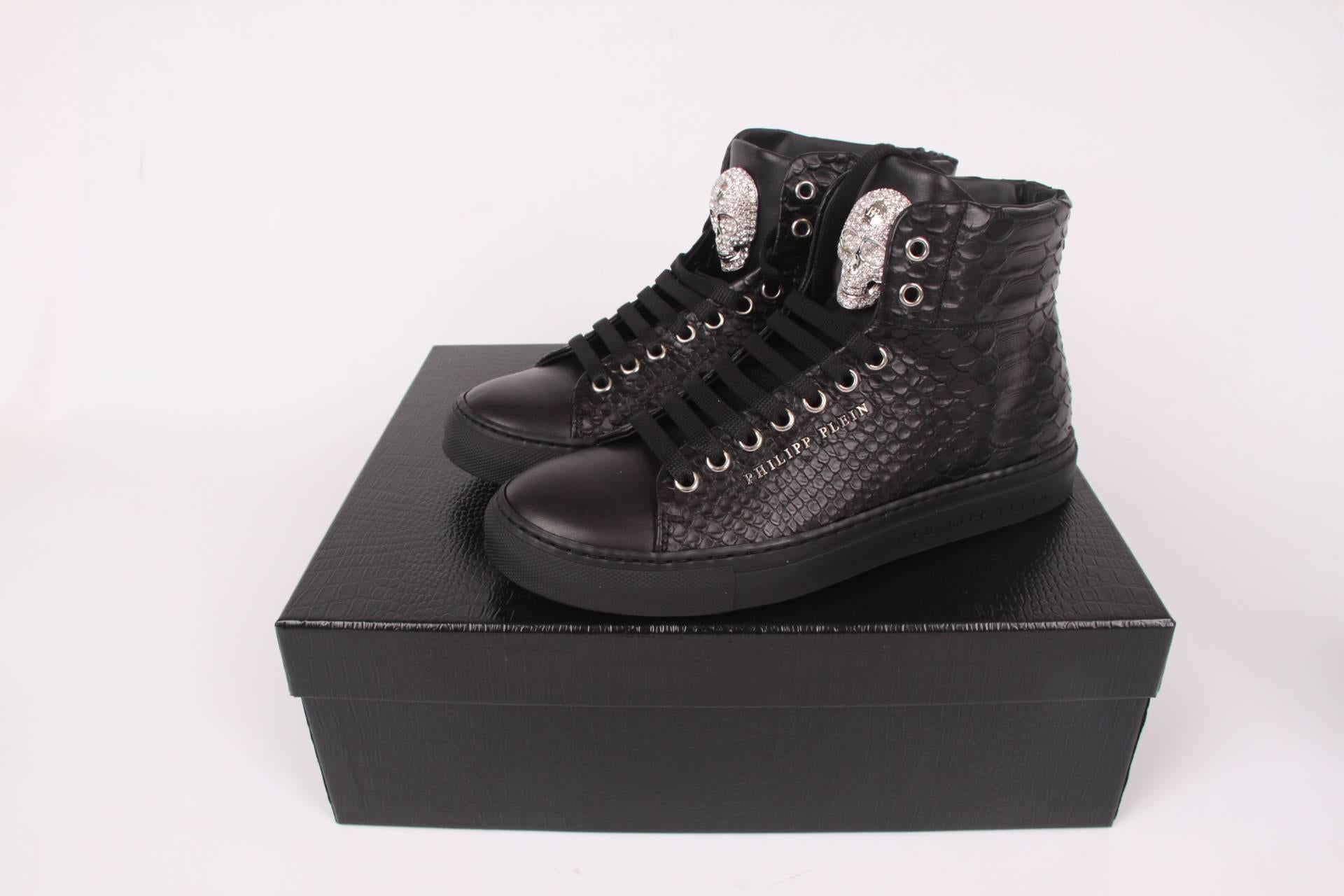 Black Philipp Plein Mid-Top Sneakers Crystal Skull - black leather
