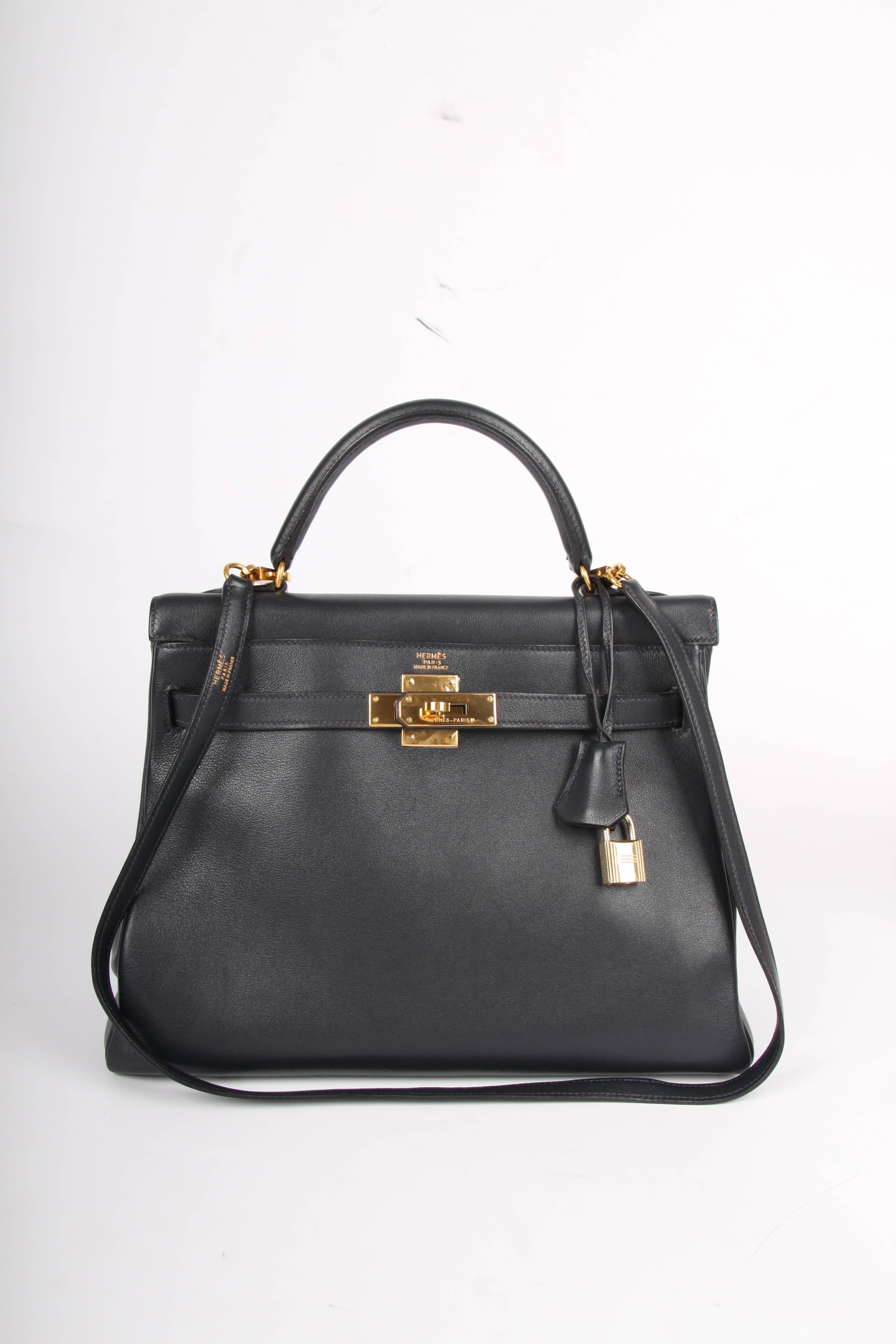 Black Hermès Kelly Bag 32 Swift Leather - dark blue