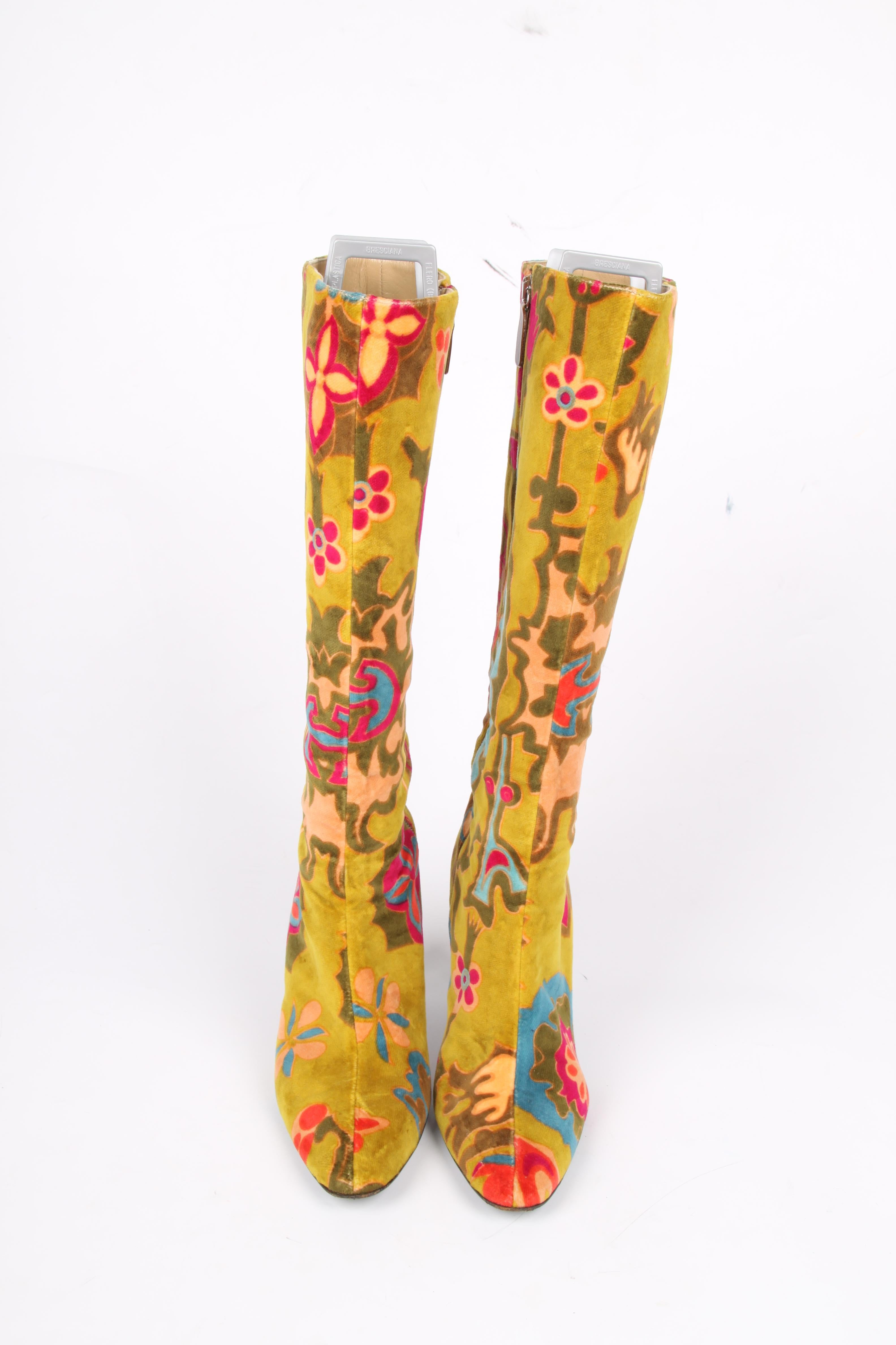 Brown Valentino Garavani Vintage Velvet Flower Print Boots - lime/pink/turquoise