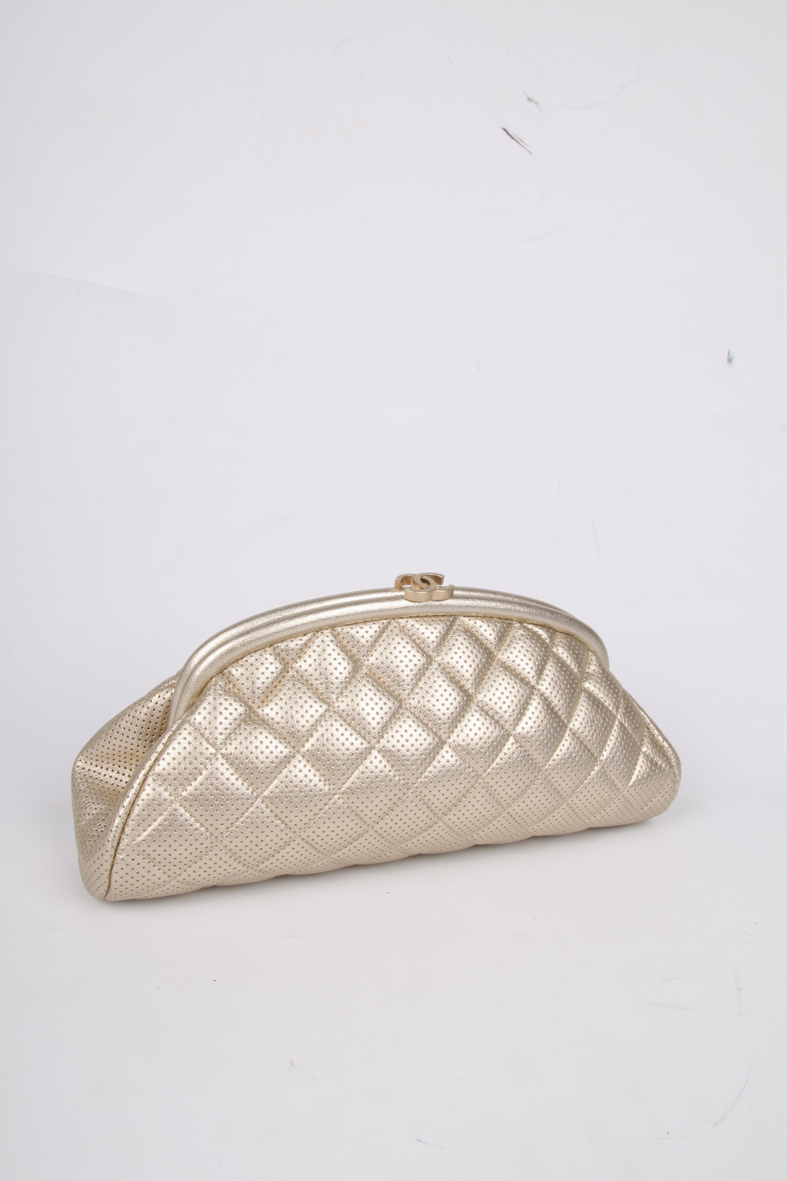 Women's Chanel Quilted and Perforated Leather Timeless Classic Clutch - gold