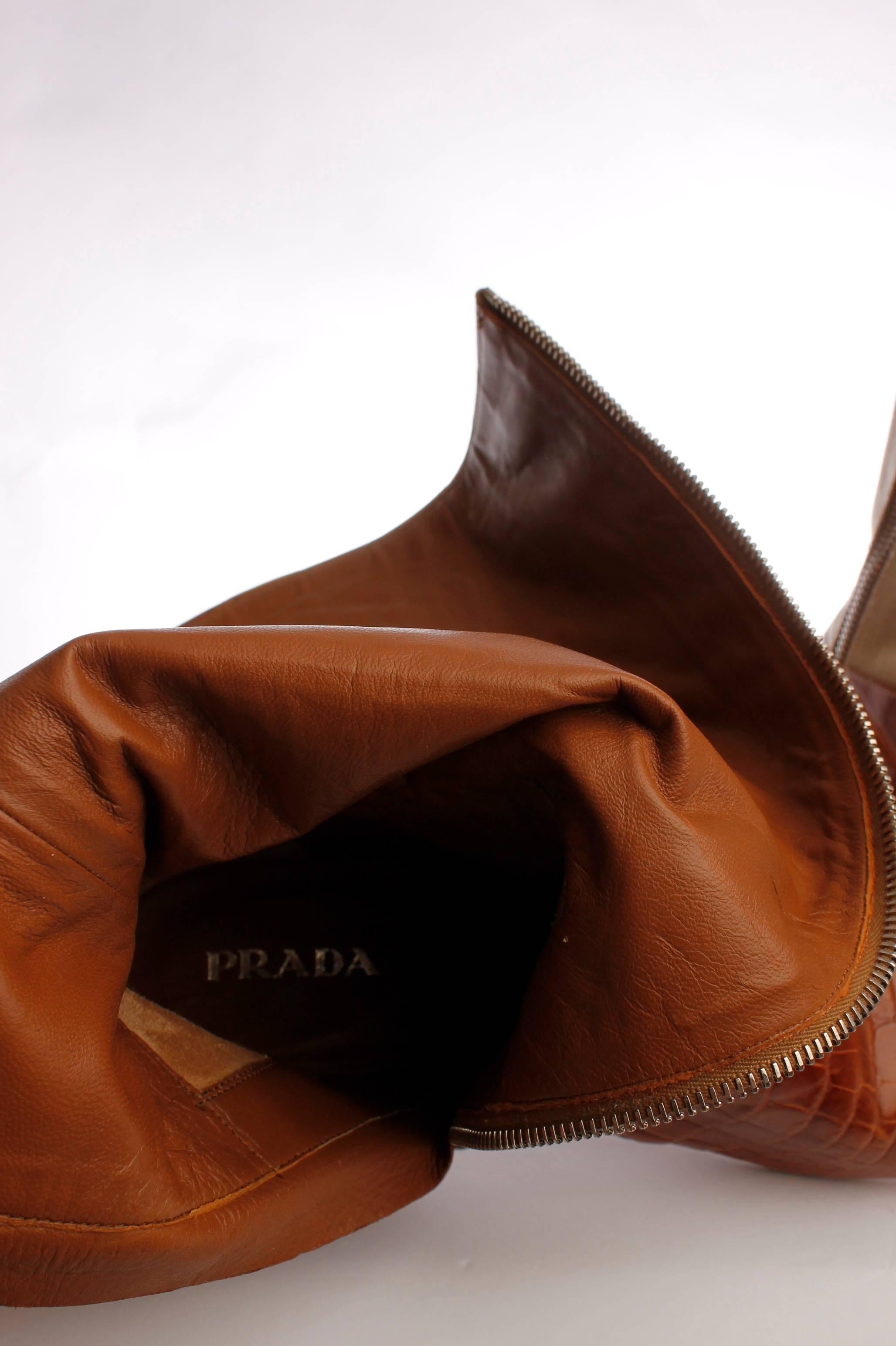 Brown Prada Crocodile Leather and Jacquard Canvas Boots - camel For Sale