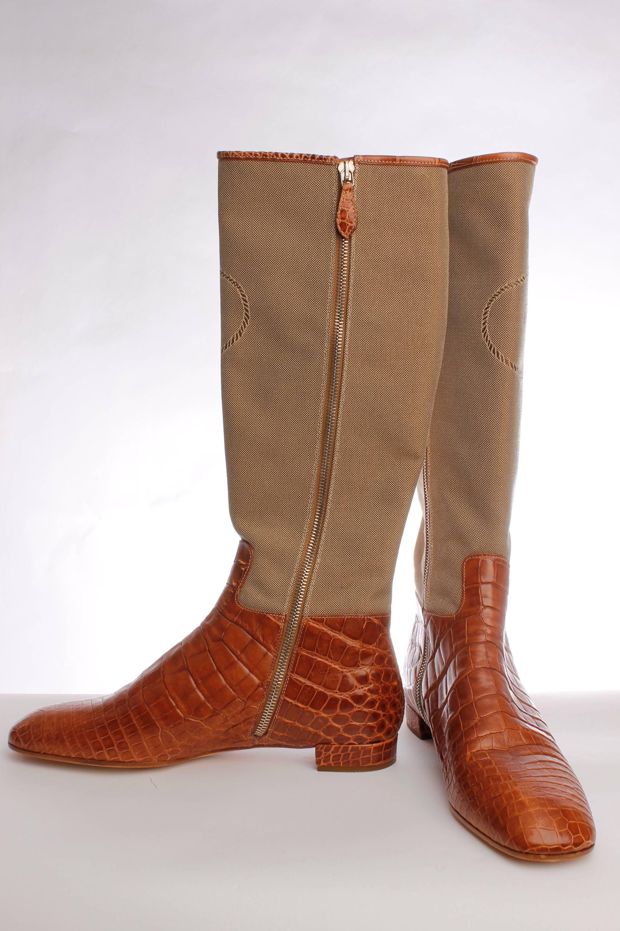 Prada Crocodile Leather and Jacquard Canvas Boots - camel In New Condition For Sale In Baarn, NL