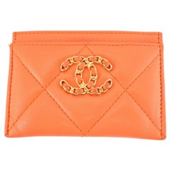 Chanel Coco Orange Lambskin 19 Quilted CC Card Holder Wallet