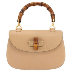 Gucci Bamboo 1947 Vintage Beige Leather Turn-Lock Top Handle Shoulder Bag