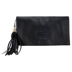 Gucci Soho Gg Black Pebbled Calfskin Leather Tassel Flap Clutch Bag