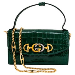 Gucci Zumi Green Crocodile Mini Chain Gold Hardware Flap Shoulder Bag
