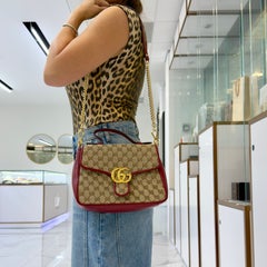 Gucci Gg Marmont Mini Beige Gg Canvas Red Leather Top Handle Bag