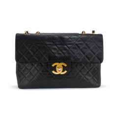 Vintage Chanel XL Jumbo Black Quilted Lambskin Gold-Tone Flap Shoulder Bag