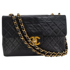 Vintage Chanel XL Jumbo Black Quilted Lambskin Gold-Tone Flap Shoulder Bag