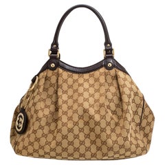 Gucci Sukey Beige Gg Canvas Brown Leather Gold-Tone Tote Bag
