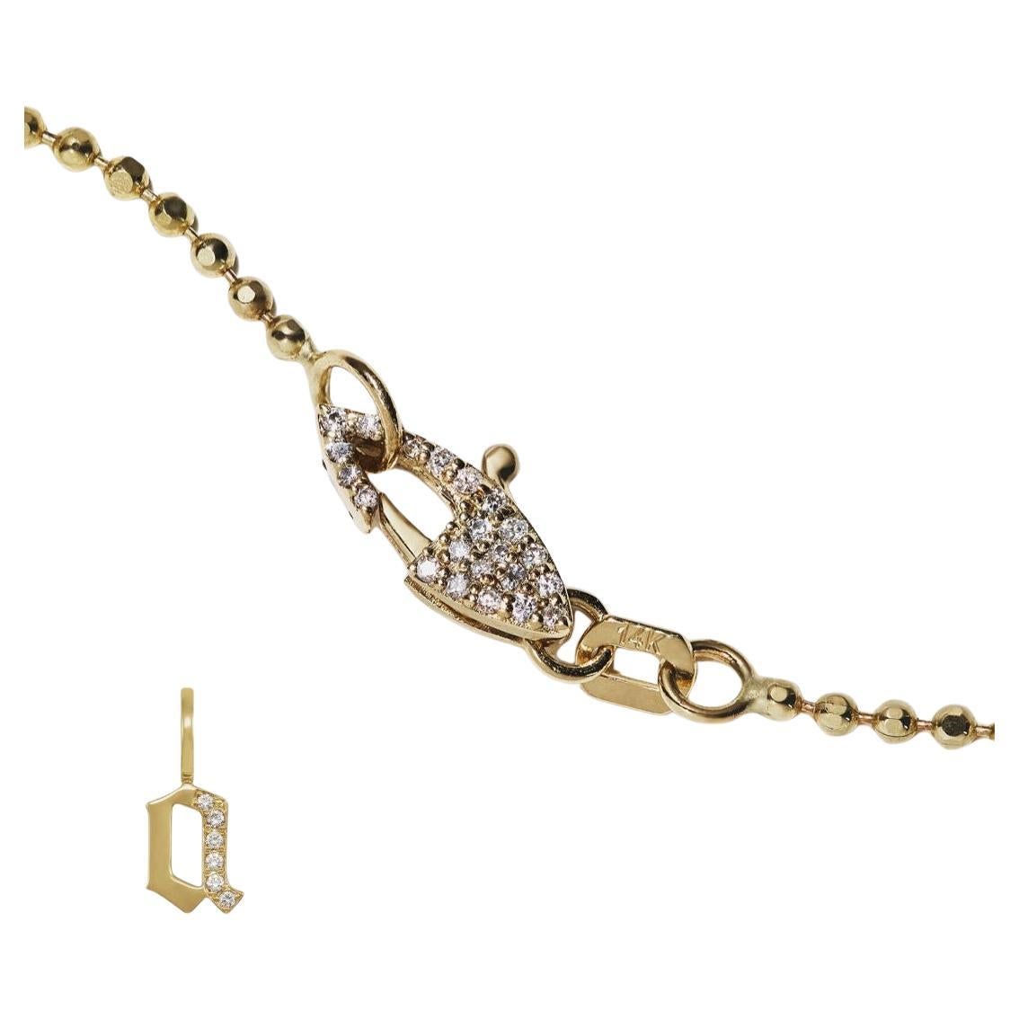 14k Gold Diamond “a” Initial Pendant on Ball Chain with Diamond Clasp