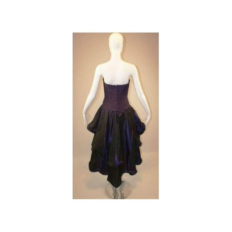 1980's Odicini Couture Purple Mauve Peacock Lace Ruffle Strapless Dress  In Good Condition In Yukon, OK