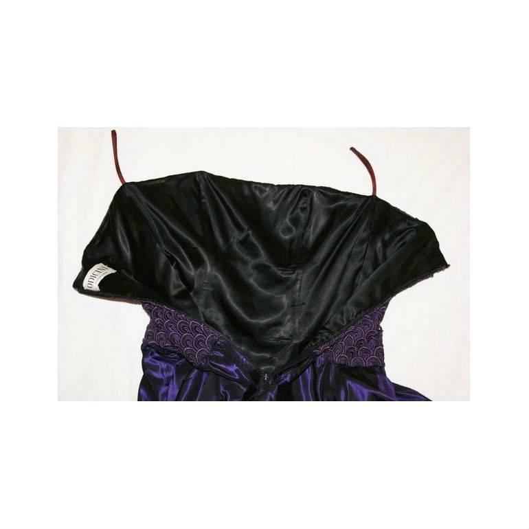 1980's Odicini Couture Purple Mauve Peacock Lace Ruffle Strapless Dress  1