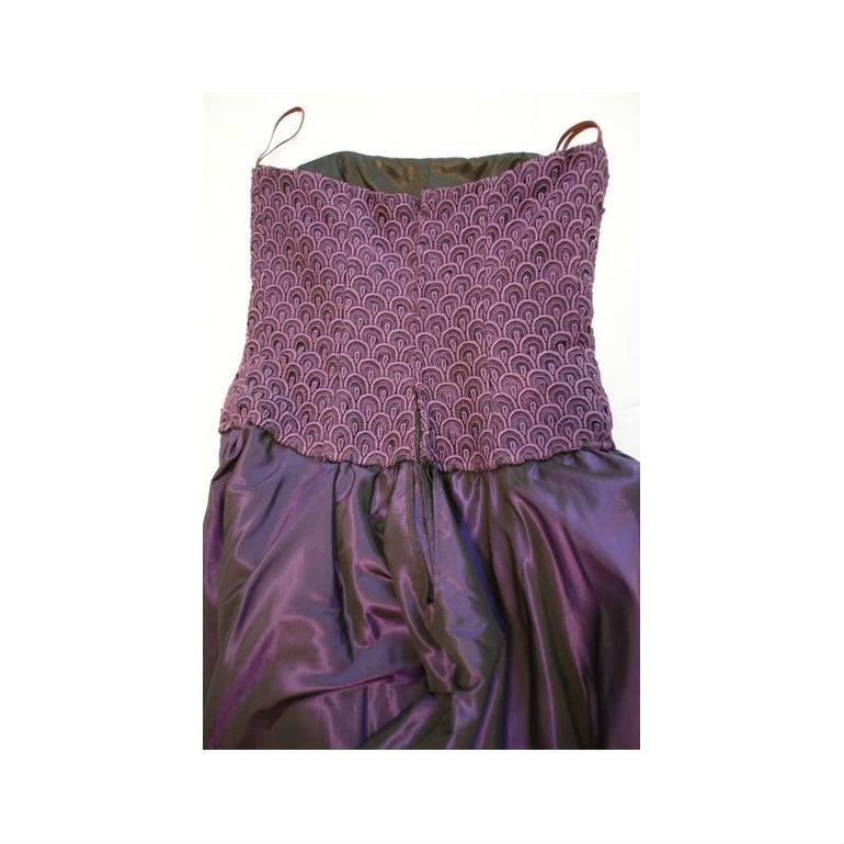 Women's 1980's Odicini Couture Purple Mauve Peacock Lace Ruffle Strapless Dress 