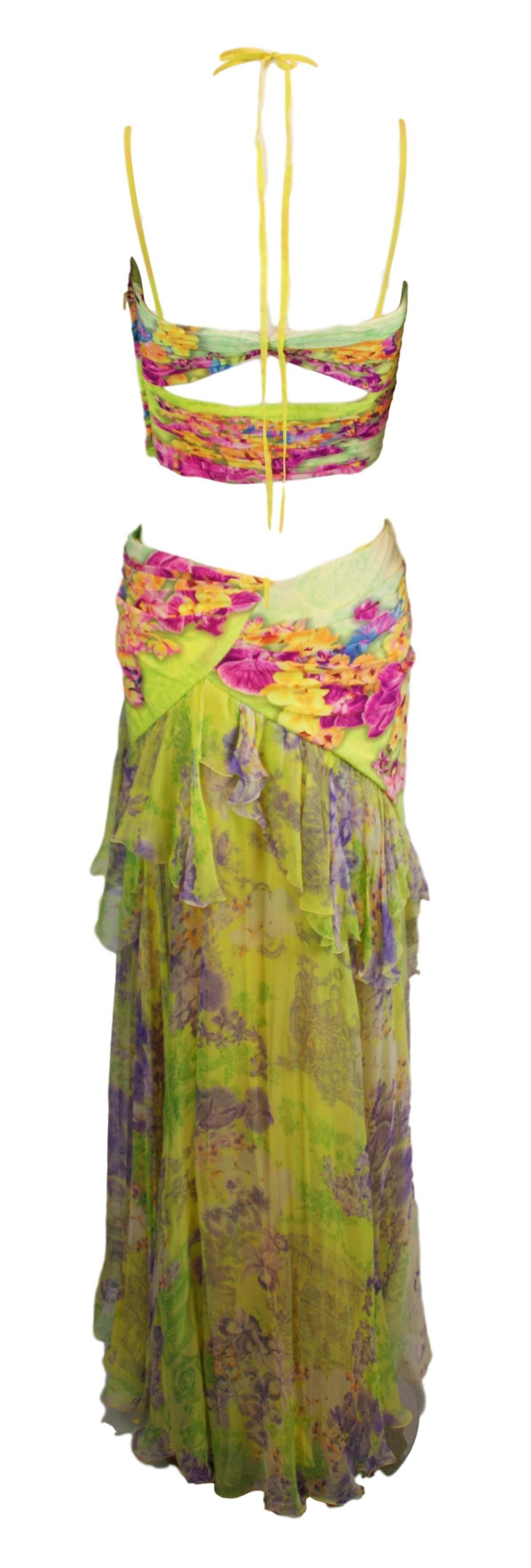 Brown S/S 2004 Atelier Versace Silk Floral Crop Top Skirt Ensemble 40