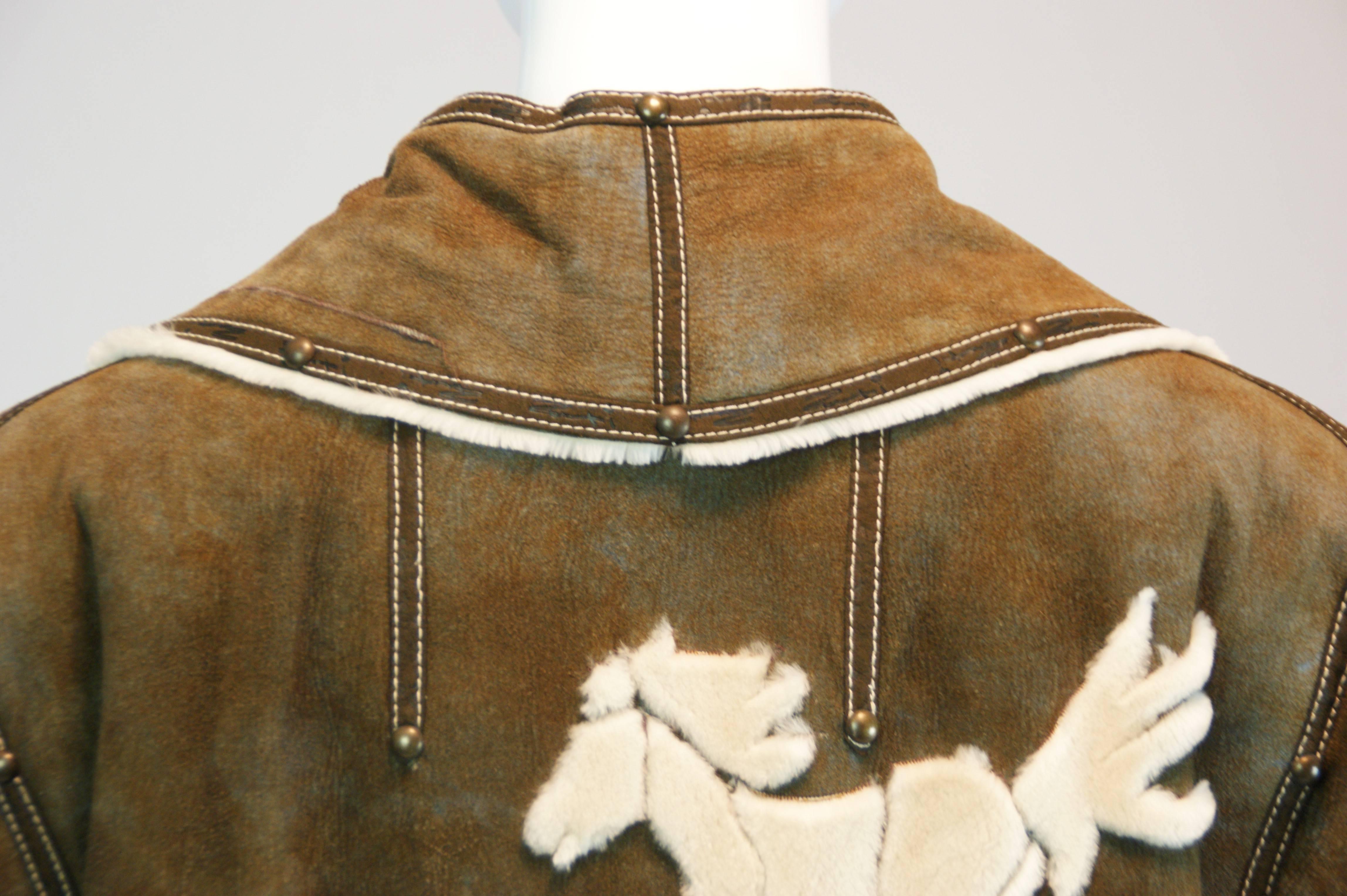 Vintage 1980's Zuki Reversible Western Horse Sheared Beaver & Leather Coat In Excellent Condition In Yukon, OK