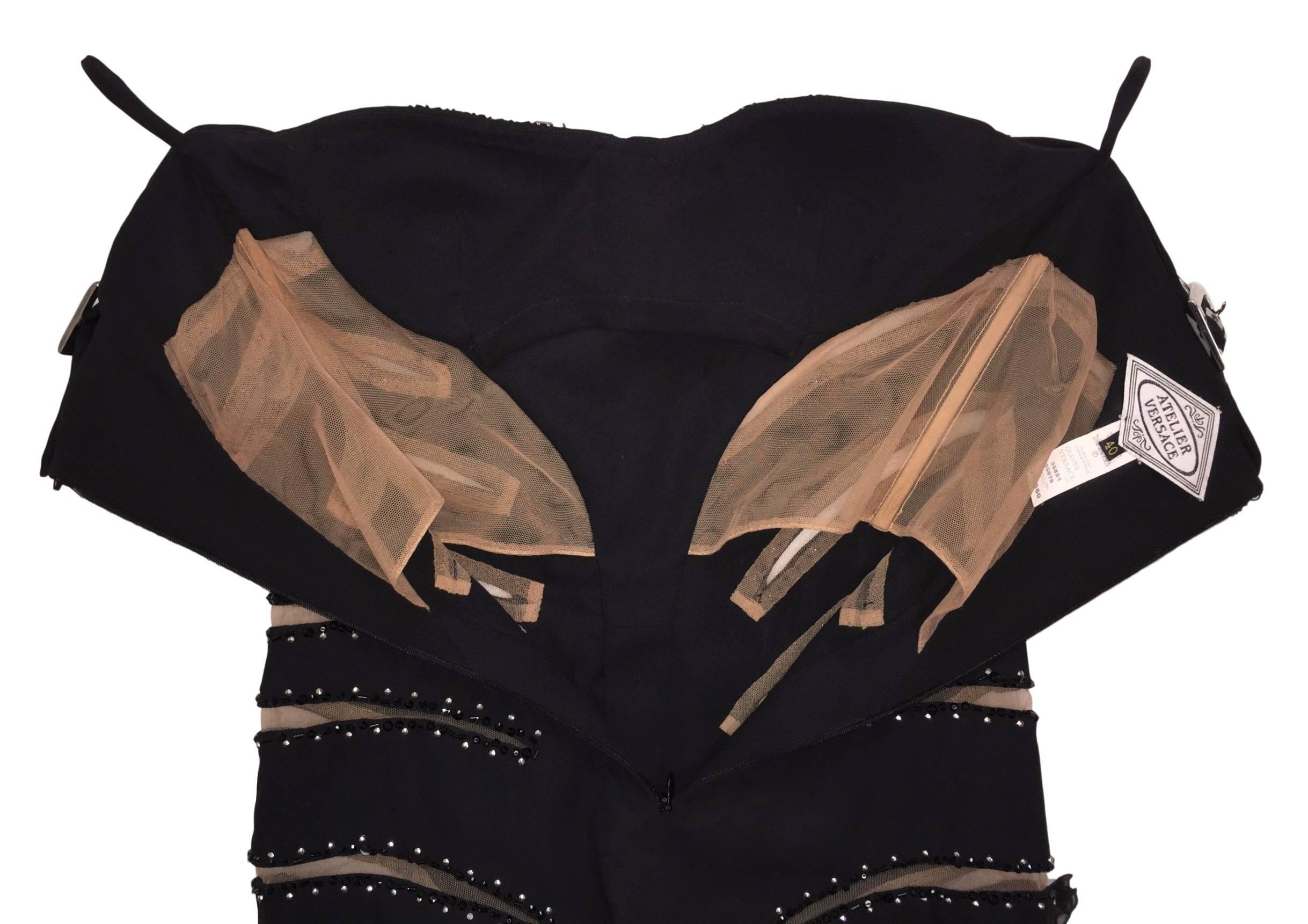 F/W 2004 Runway Atelier Versace Black Sheer Mesh Cut Out Studs Beaded Gown Dress 2