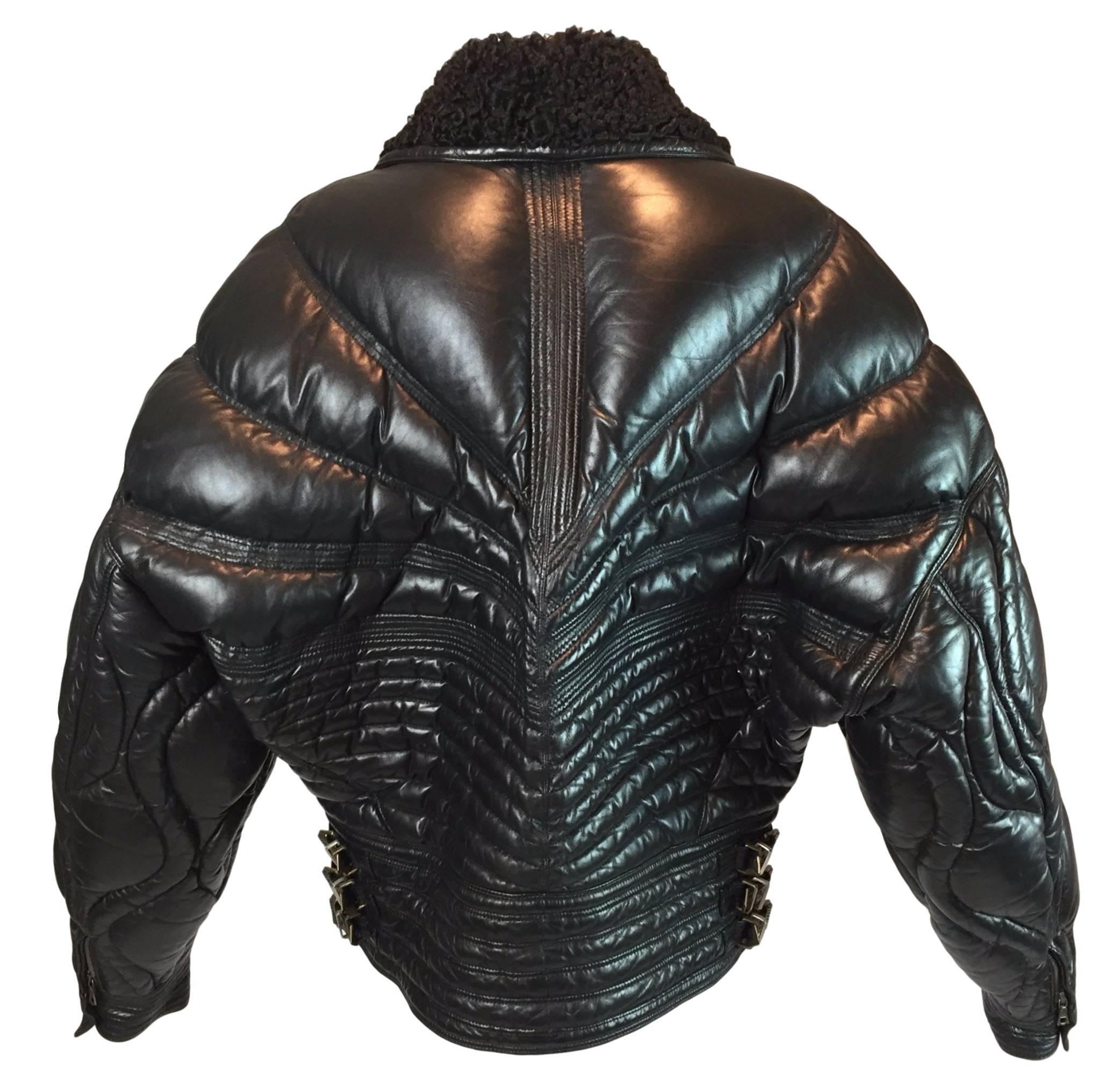 A/W 1992 Gianni Versace Men's Bondage Apres Ski Black Leather Jacket Coat  In Good Condition In Yukon, OK