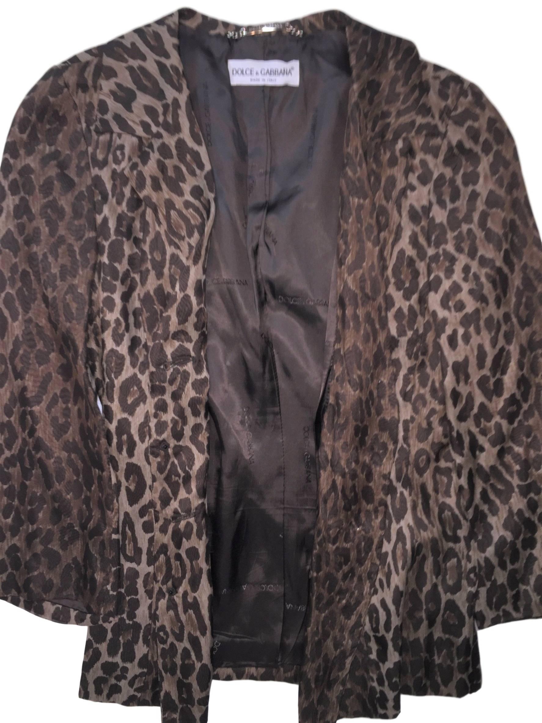 Women's S/S 1997 Dolce & Gabbana Runway Leopard Silk Sheer Skirt Jacket Suit