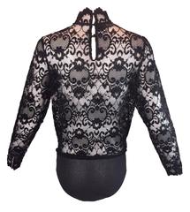 1980's Christian Dior Victorian Black Sheer Lace Bodysuit Blouse Top S/M