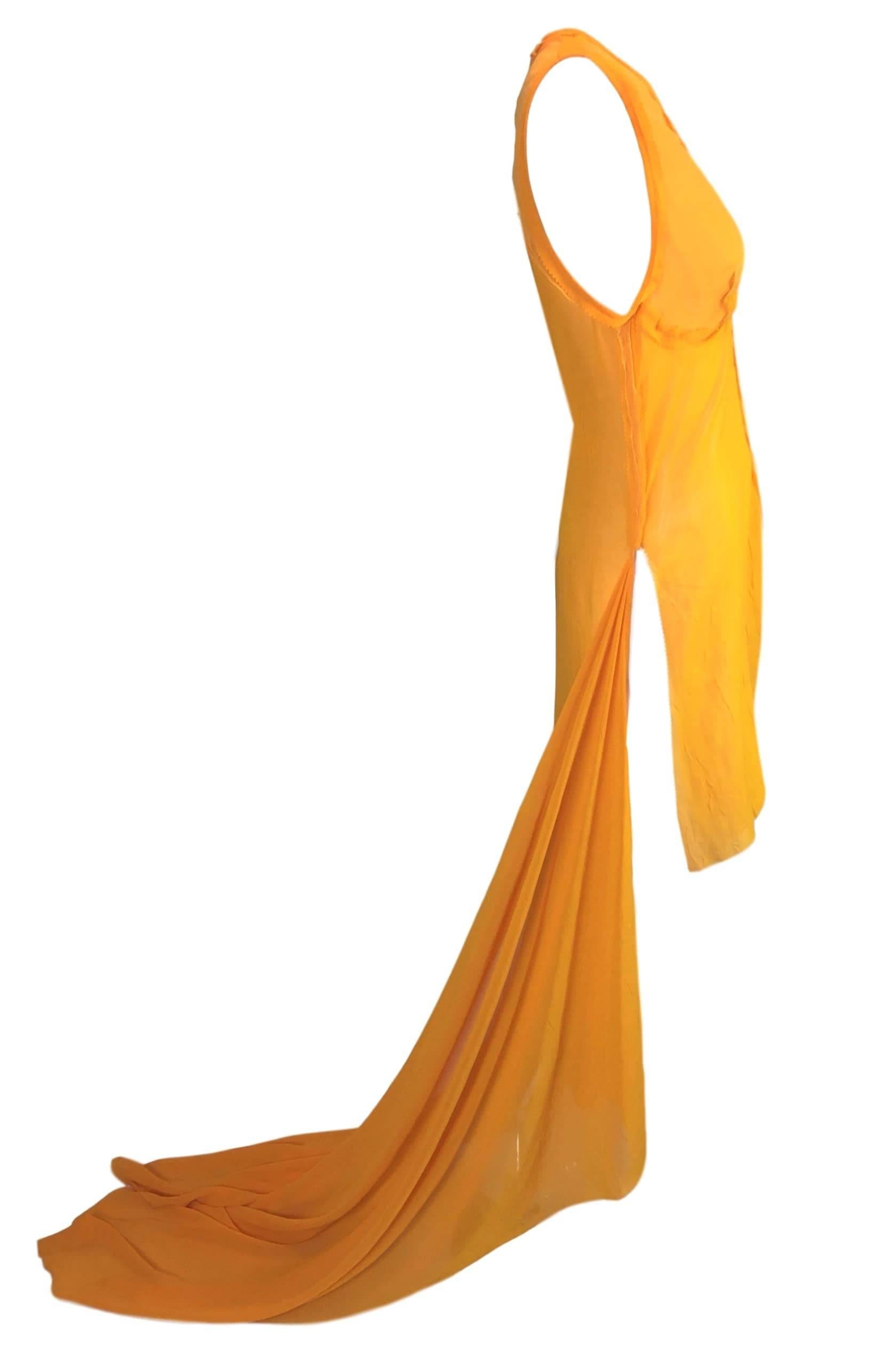 Orange S/S 2002 Jean Paul Gaultier 20's Flapper Style Sheer Marigold Hi-Low Gown Dress